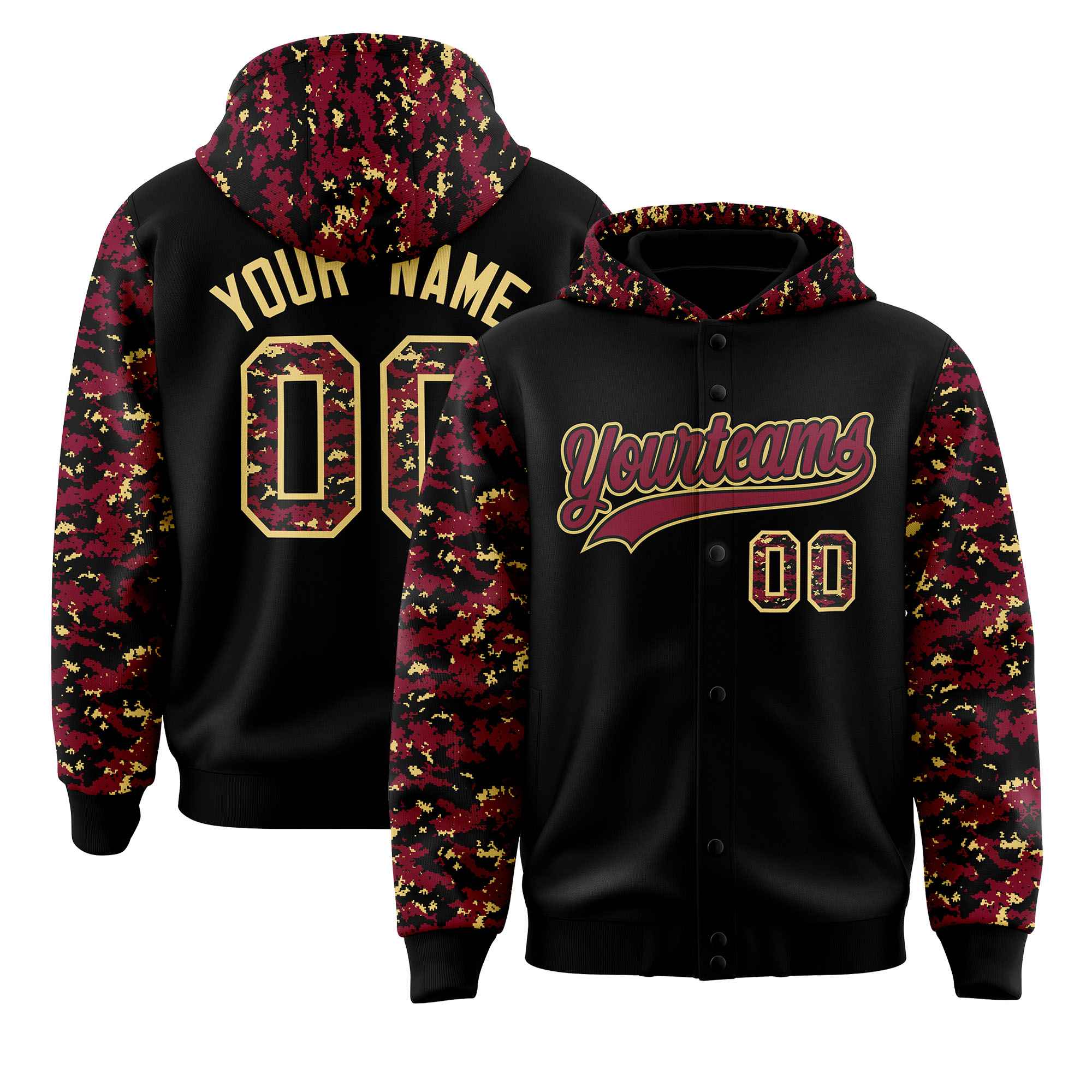 Custom Black Crimson-Khaki Raglan Sleeves Varsity Full-Snap Letterman Camo Jacket Hoodie| KXKSHOP