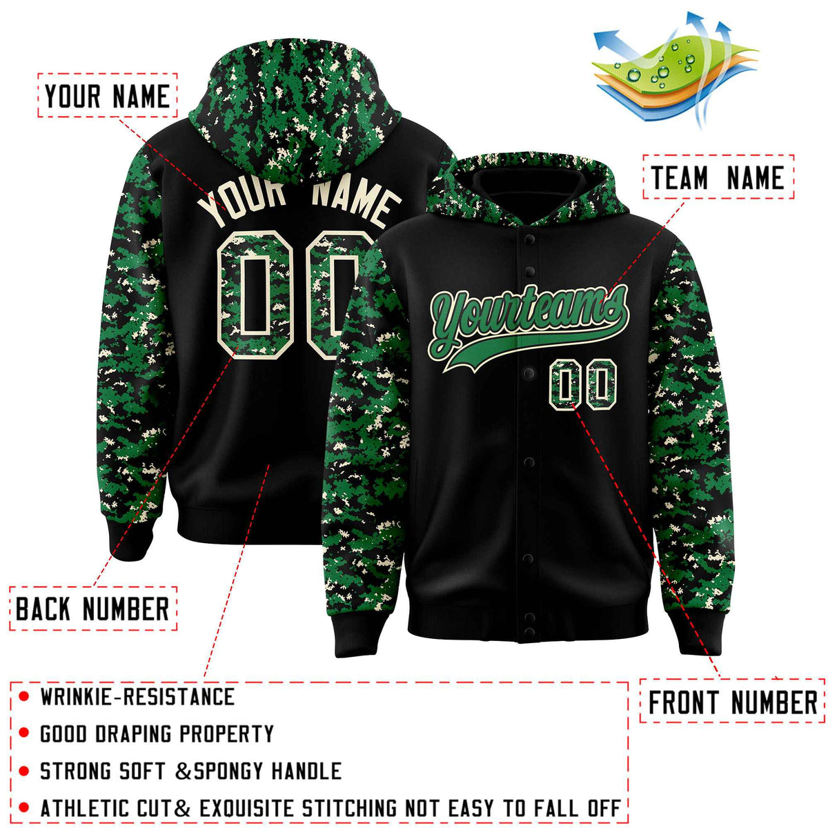 Custom Black Kelly Green-Cream Raglan Sleeves Varsity Full-Snap Letterman Camo Jacket Hoodie| KXKSHOP
