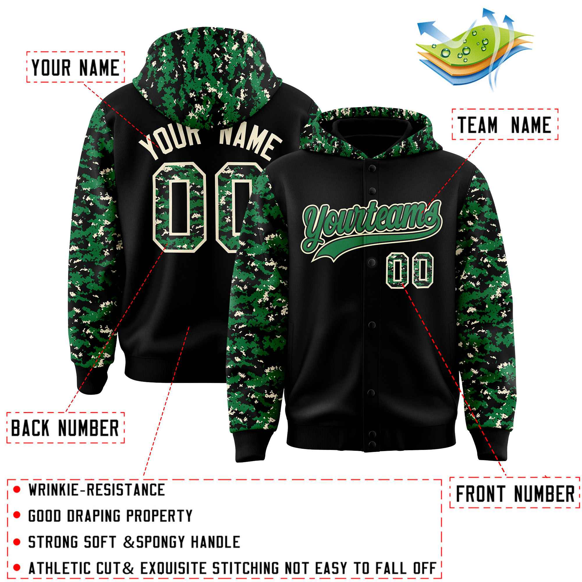 Custom Black Kelly Green-Cream Raglan Sleeves Varsity Full-Snap Letterman Camo Jacket Hoodie| KXKSHOP