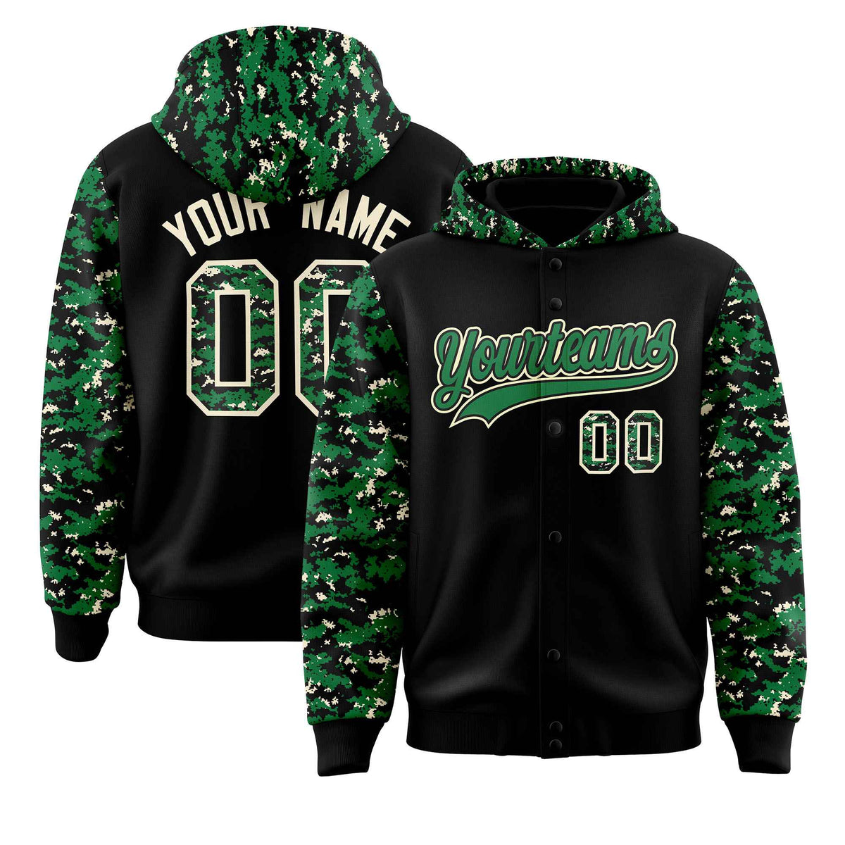 Custom Black Kelly Green-Cream Raglan Sleeves Varsity Full-Snap Letterman Camo Jacket Hoodie| KXKSHOP