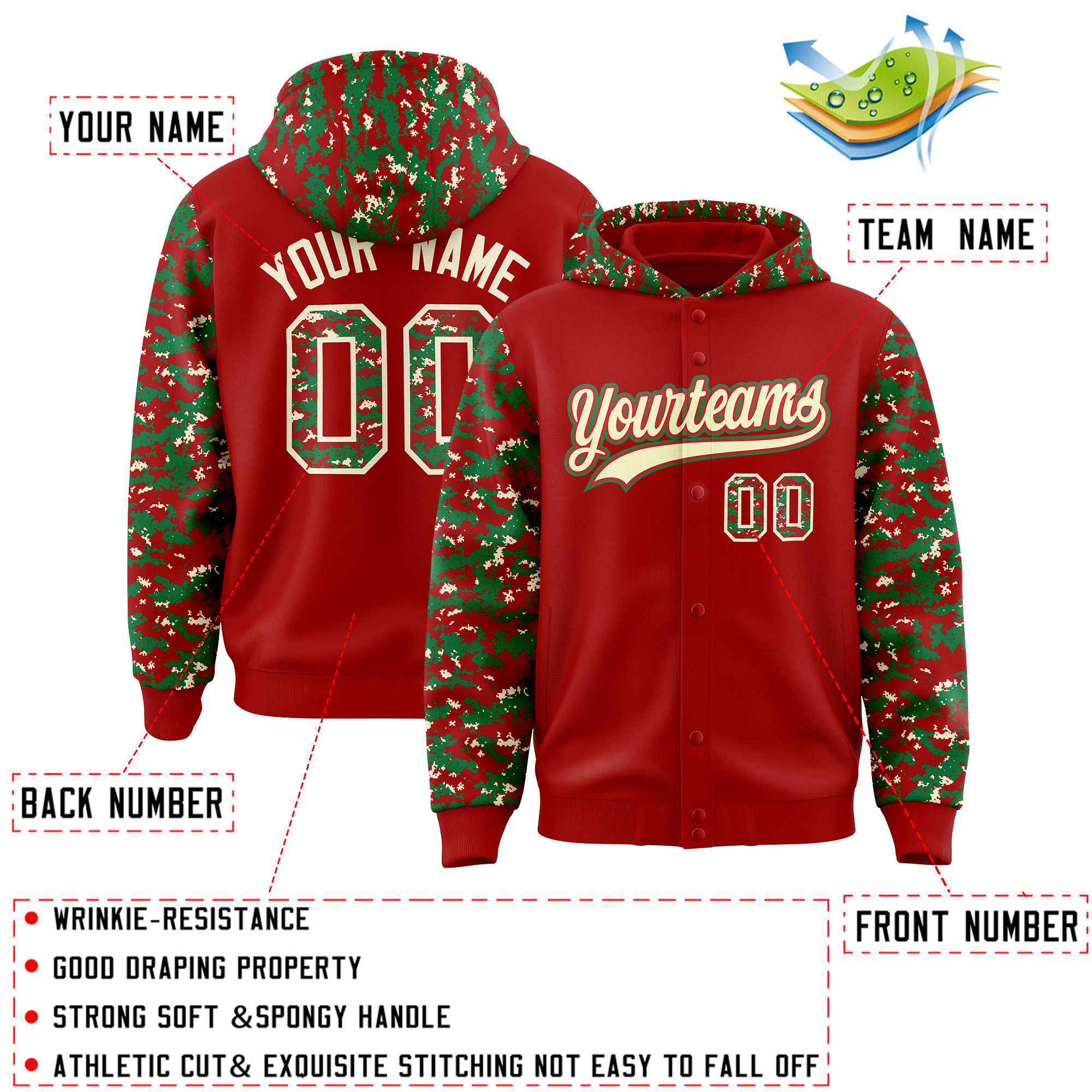 Custom Red Kelly Green-Cream Raglan Sleeves Varsity Full-Snap Letterman Camo Jacket Hoodie| KXKSHOP