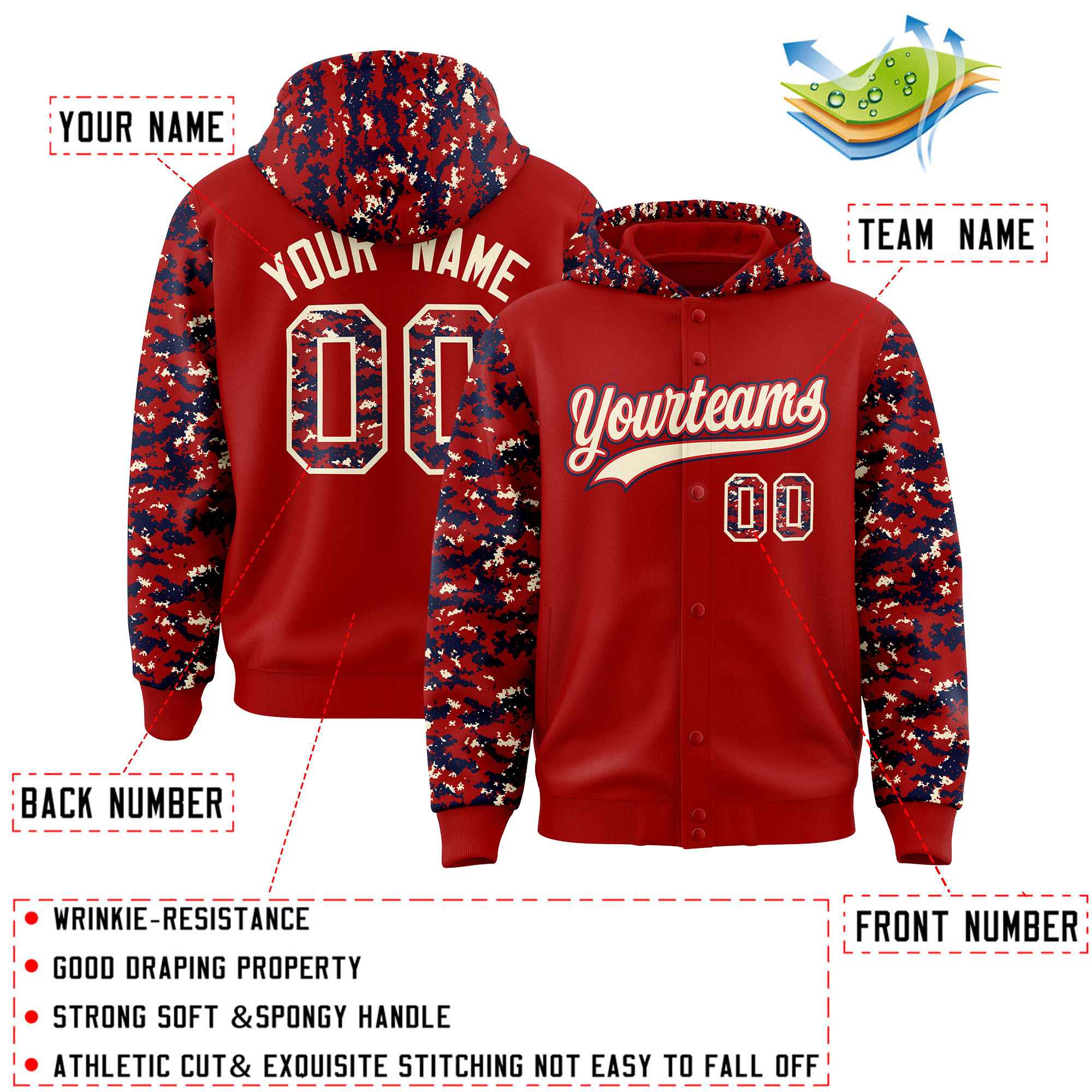 Custom Red Navy-Cream Raglan Sleeves Varsity Full-Snap Letterman Camo Jacket Hoodie| KXKSHOP