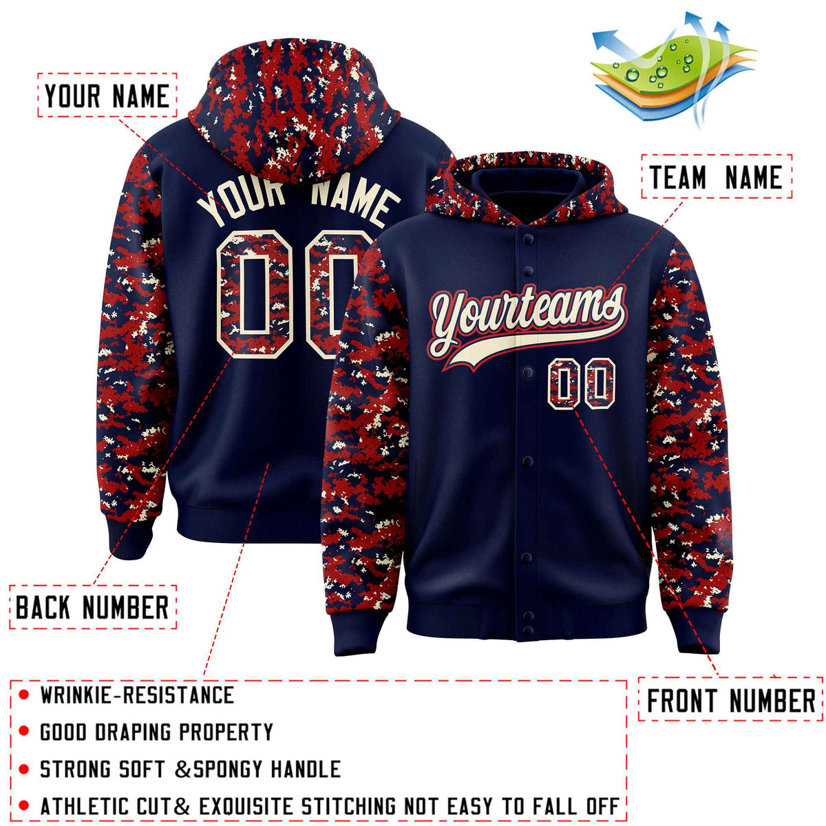 Custom Navy Red-Cream Raglan Sleeves Varsity Full-Snap Letterman Camo Jacket Hoodie| KXKSHOP