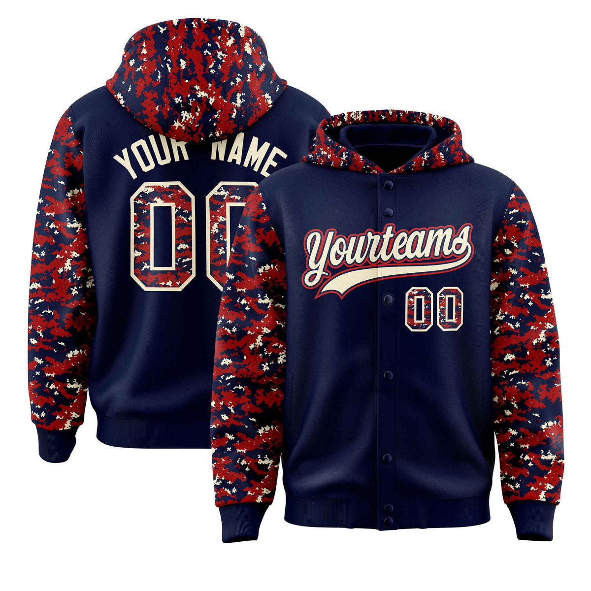 Custom Navy Red-Cream Raglan Sleeves Varsity Full-Snap Letterman Camo Jacket Hoodie| KXKSHOP