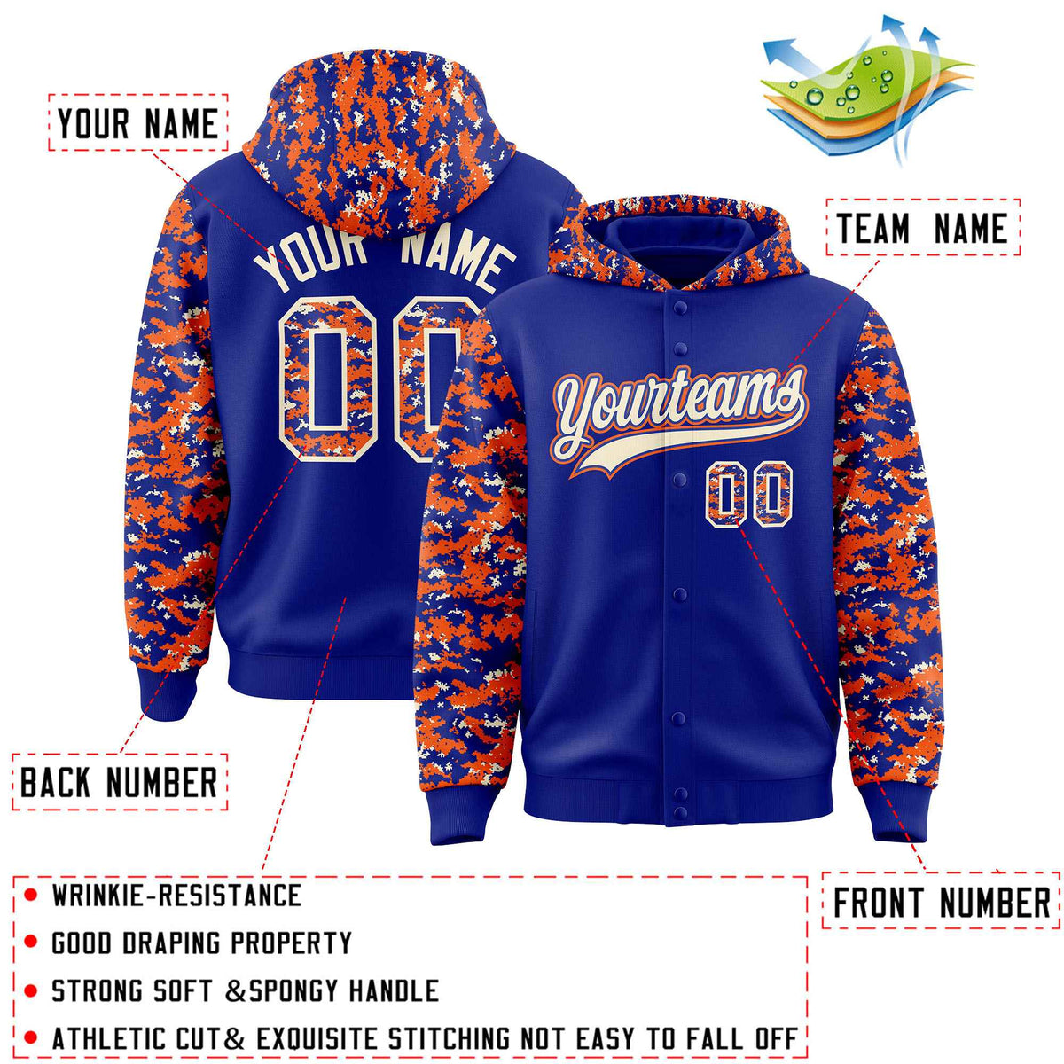Custom Royal Orange-Cream Raglan Sleeves Varsity Full-Snap Letterman Camo Jacket Hoodie| KXKSHOP