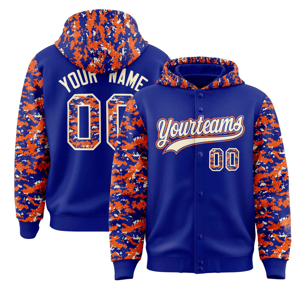 Custom Royal Orange-Cream Raglan Sleeves Varsity Full-Snap Letterman Camo Jacket Hoodie| KXKSHOP