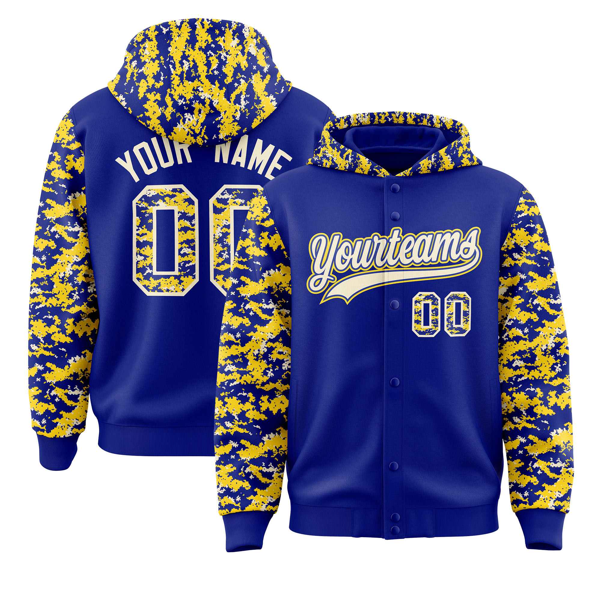 Custom Royal Gold-Cream Raglan Sleeves Varsity Full-Snap Letterman Camo Jacket Hoodie| KXKSHOP