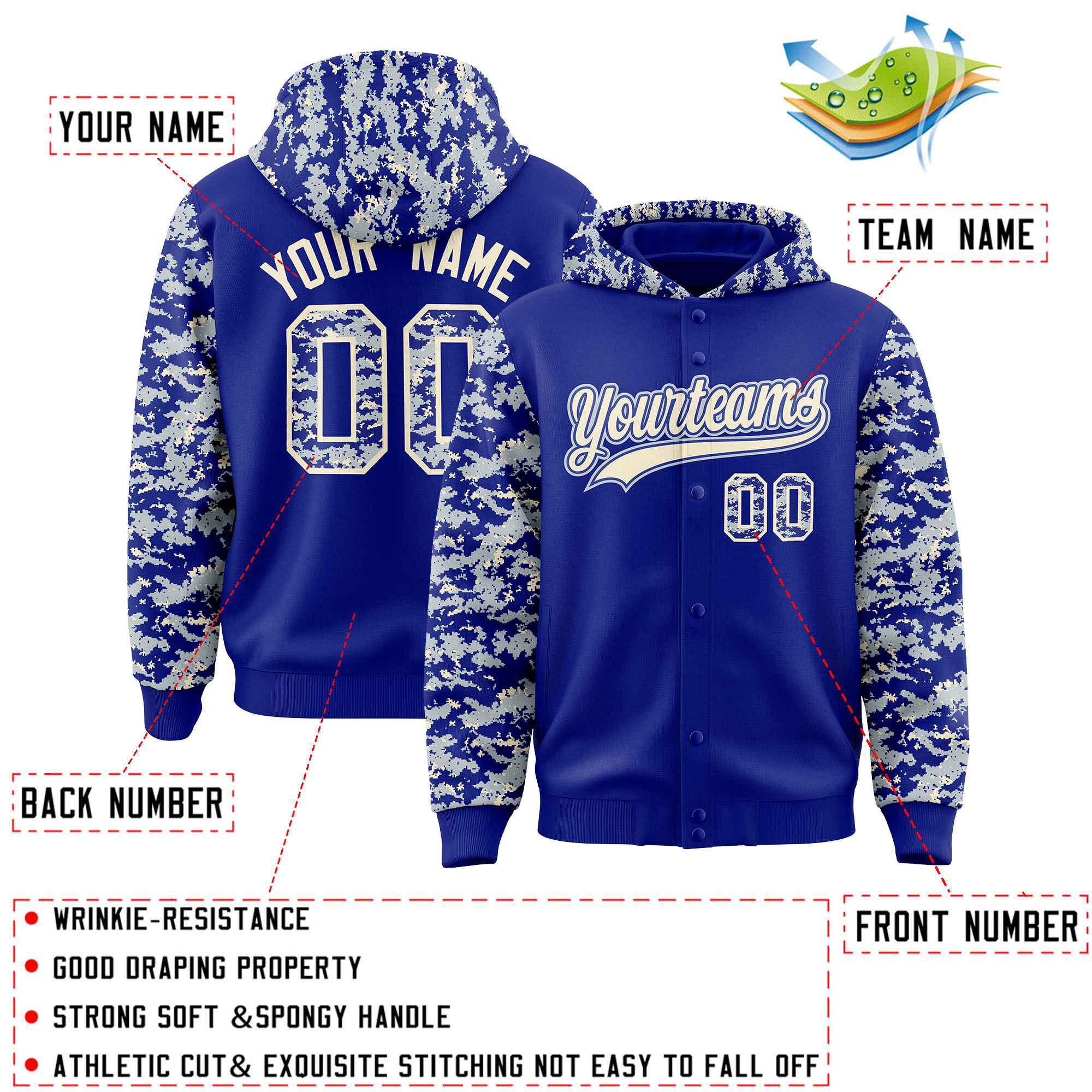 Custom Royal Silver-Cream Raglan Sleeves Varsity Full-Snap Letterman Camo Jacket Hoodie| KXKSHOP