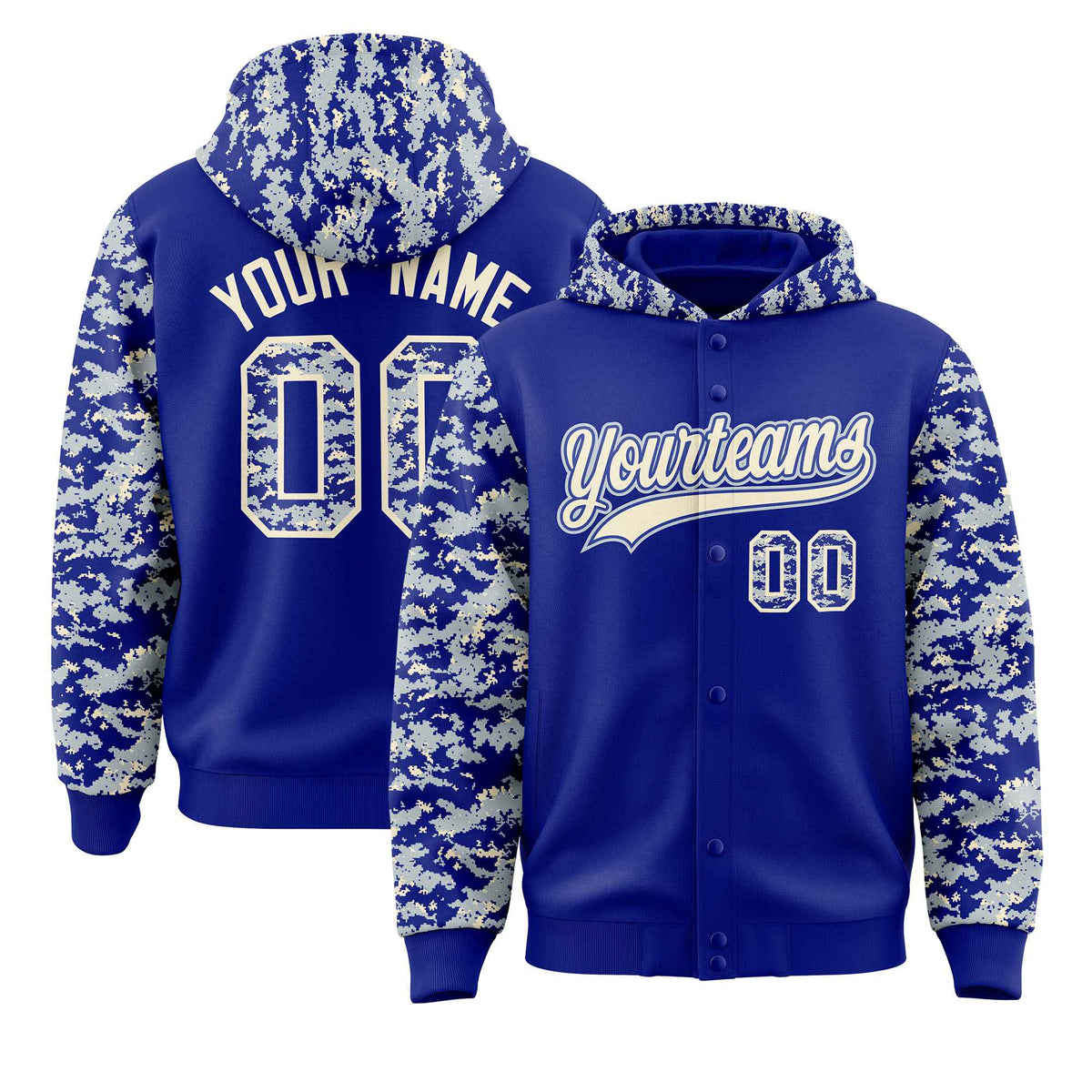 Custom Royal Silver-Cream Raglan Sleeves Varsity Full-Snap Letterman Camo Jacket Hoodie| KXKSHOP