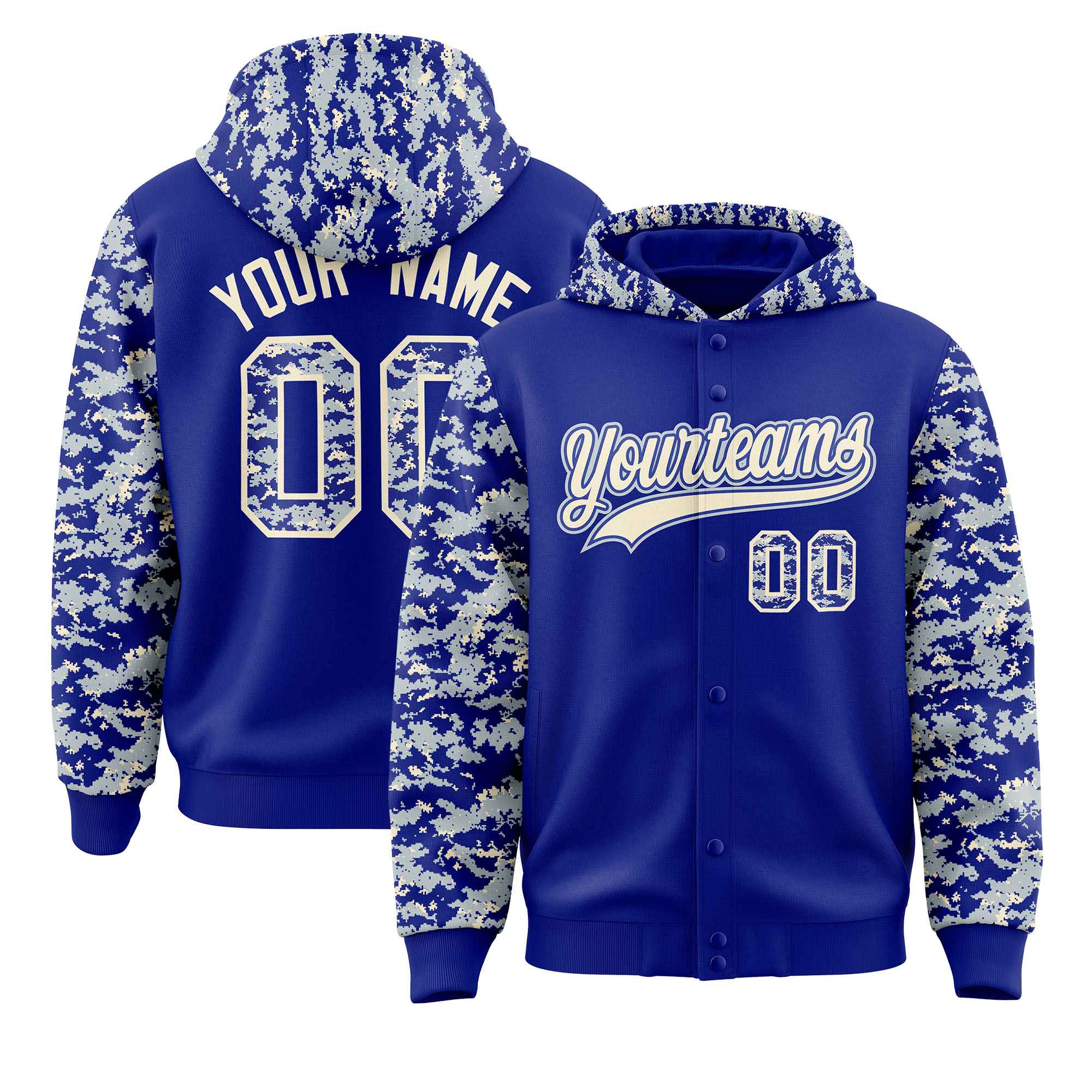 Custom Royal Silver-Cream Raglan Sleeves Varsity Full-Snap Letterman Camo Jacket Hoodie| KXKSHOP