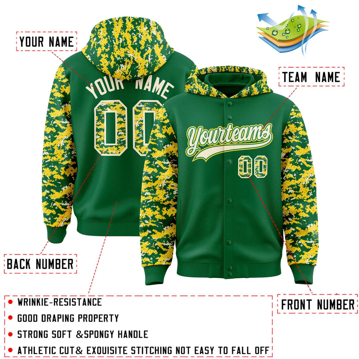 Custom Kelly Green Gold-Cream Raglan Sleeves Varsity Full-Snap Letterman Camo Jacket Hoodie| KXKSHOP