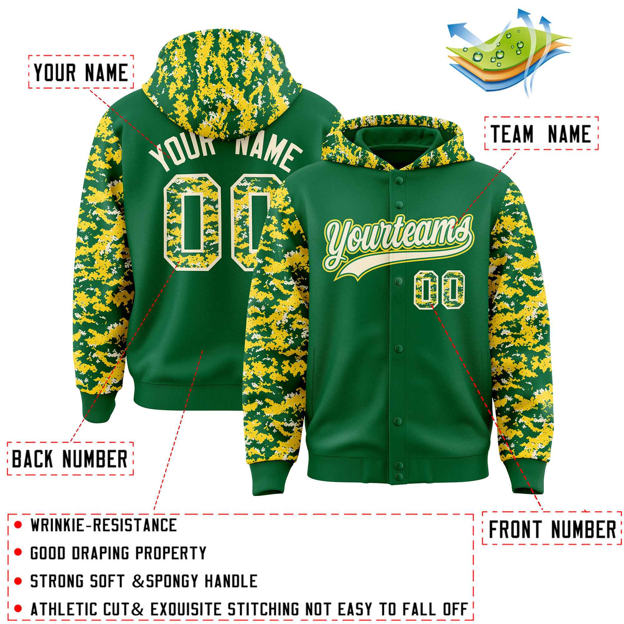 Custom Kelly Green Gold-Cream Raglan Sleeves Varsity Full-Snap Letterman Camo Jacket Hoodie| KXKSHOP