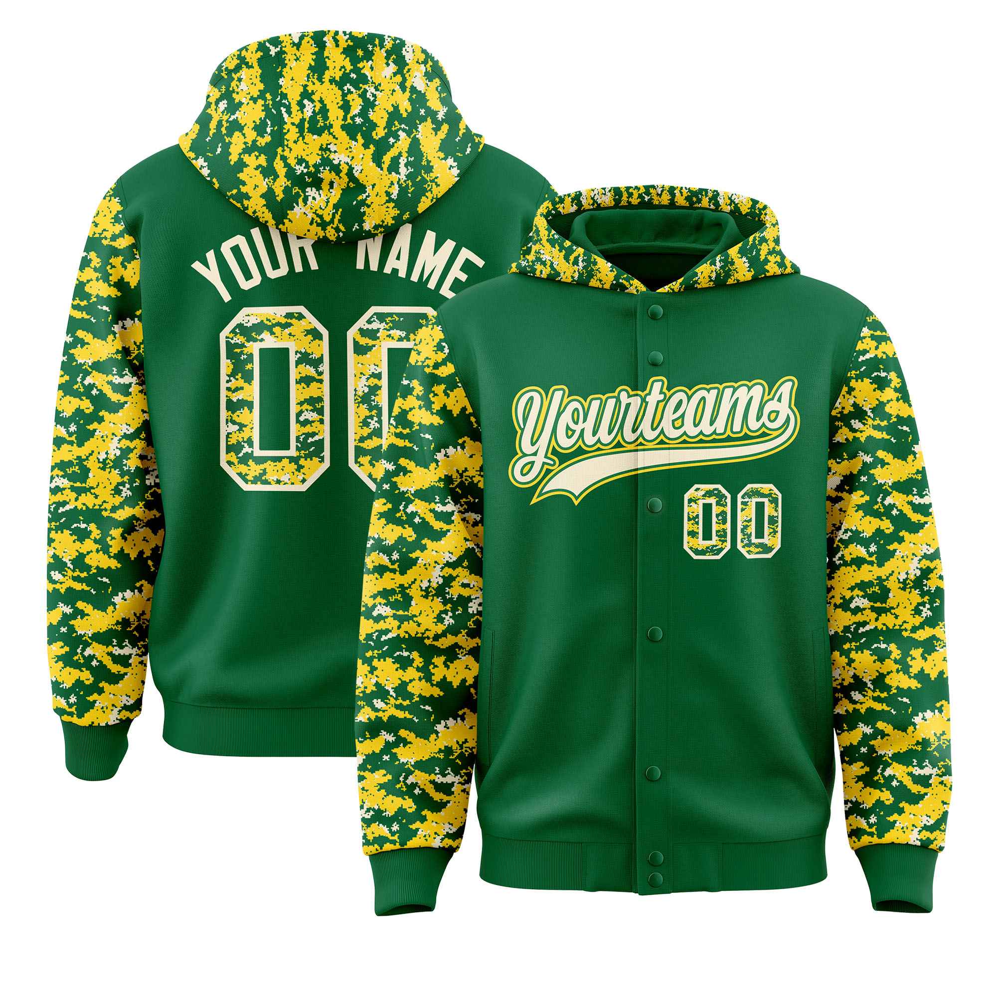 Custom Kelly Green Gold-Cream Raglan Sleeves Varsity Full-Snap Letterman Camo Jacket Hoodie| KXKSHOP