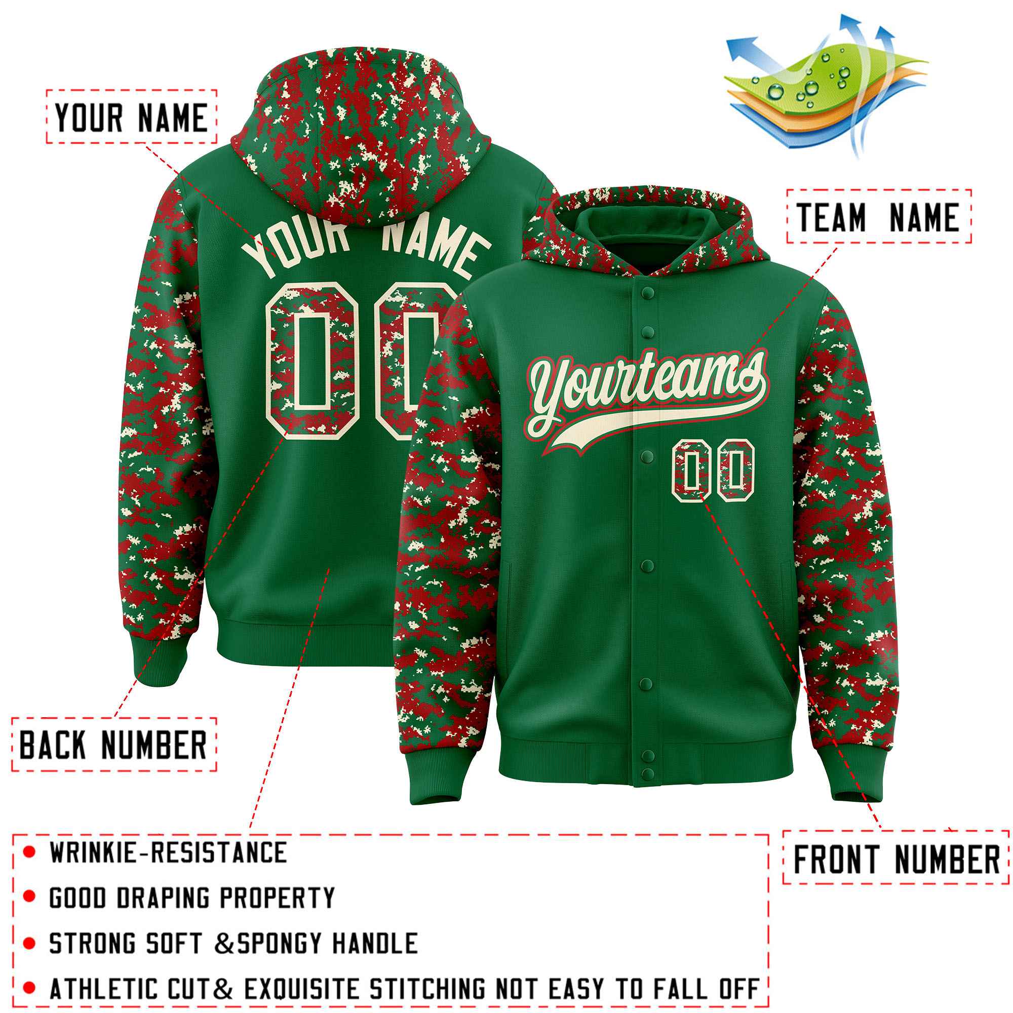 Custom Kelly Green Red-Cream Raglan Sleeves Varsity Full-Snap Letterman Camo Jacket Hoodie| KXKSHOP