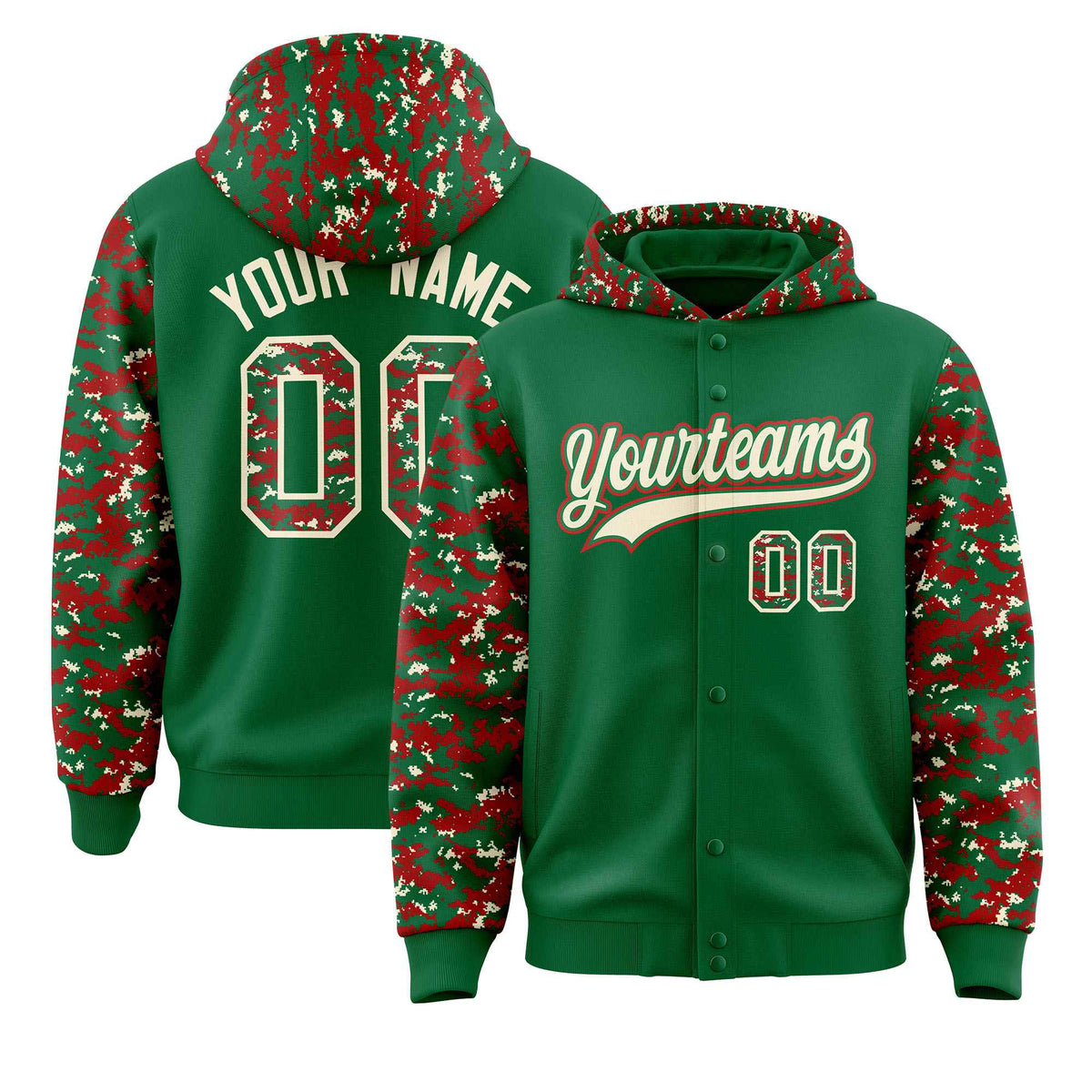 Custom Kelly Green Red-Cream Raglan Sleeves Varsity Full-Snap Letterman Camo Jacket Hoodie| KXKSHOP