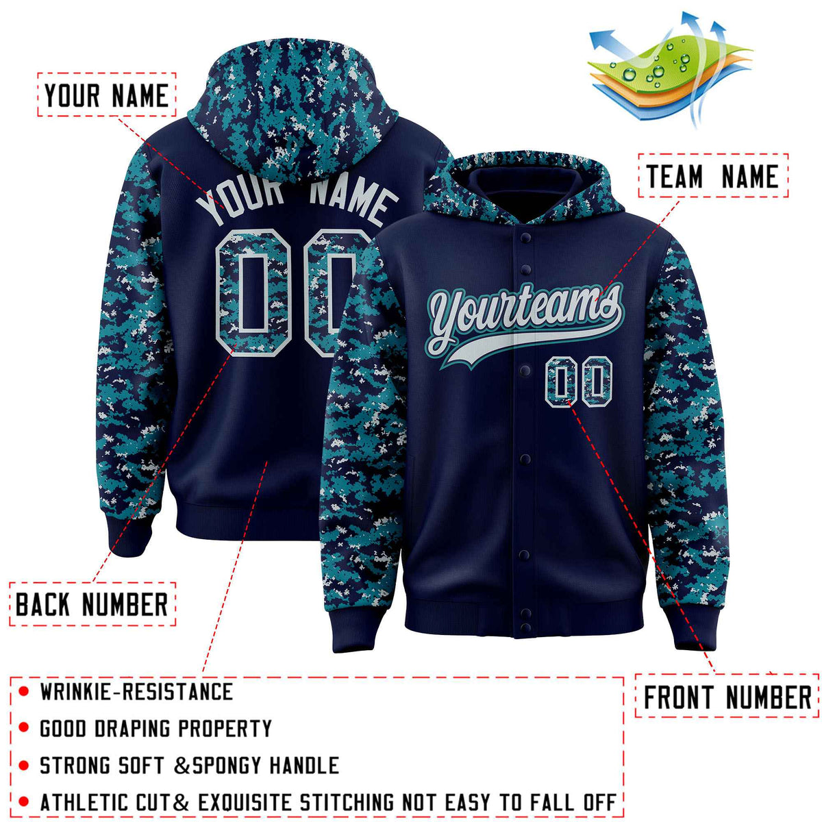 Custom Navy Aqua-Silver Raglan Sleeves Varsity Full-Snap Letterman Camo Jacket Hoodie| KXKSHOP