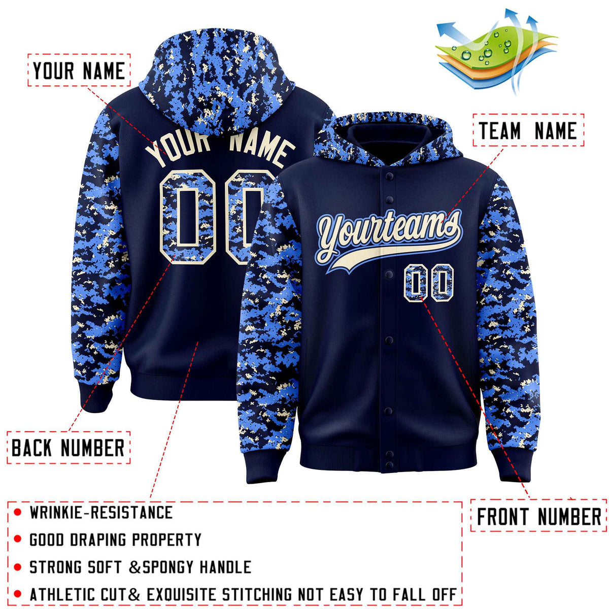 Custom Navy Powder Blue-Cream Raglan Sleeves Varsity Full-Snap Letterman Camo Jacket Hoodie| KXKSHOP