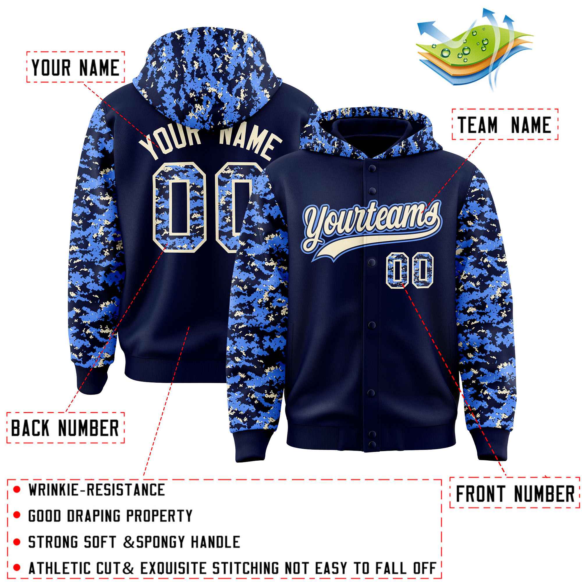 Custom Navy Powder Blue-Cream Raglan Sleeves Varsity Full-Snap Letterman Camo Jacket Hoodie| KXKSHOP