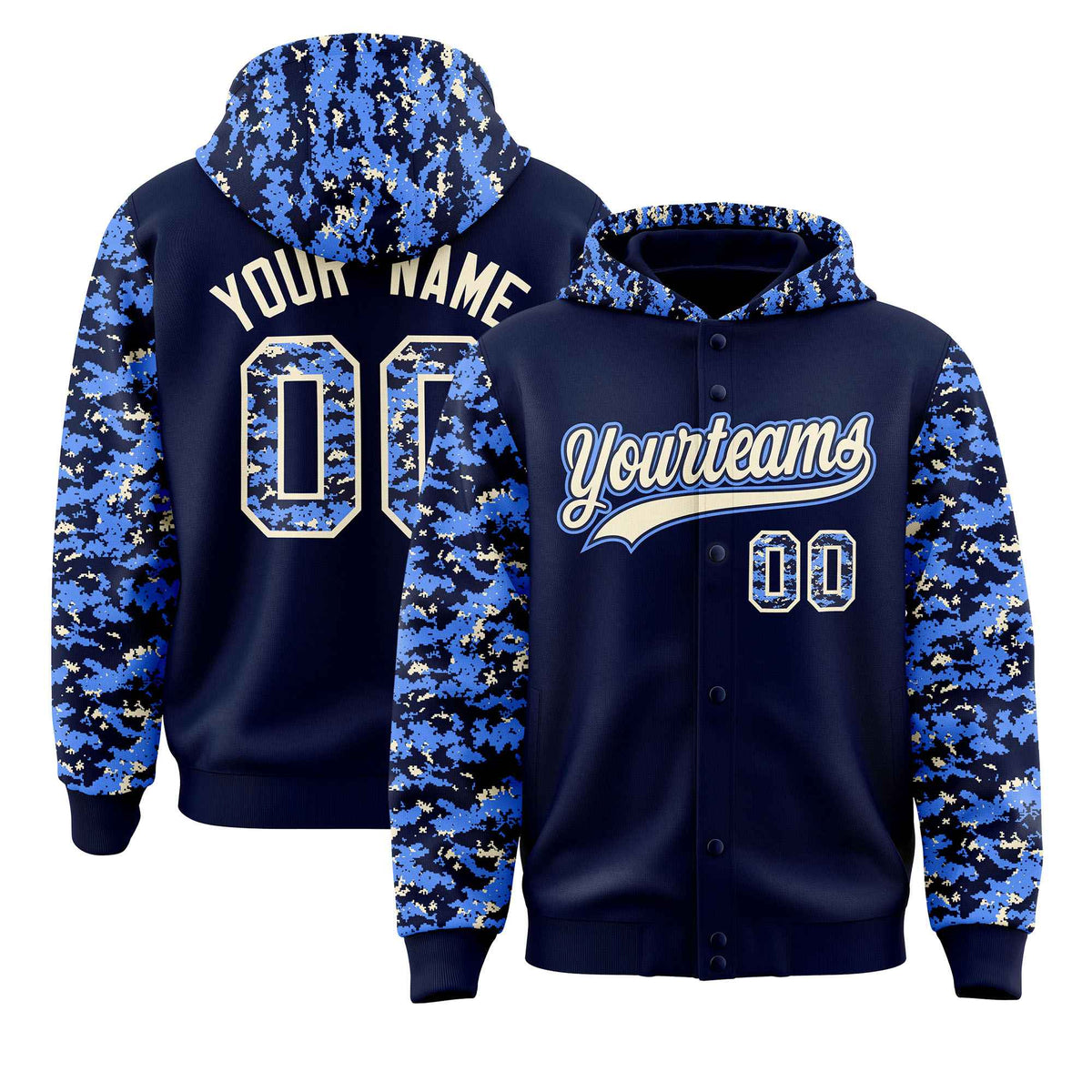 Custom Navy Powder Blue-Cream Raglan Sleeves Varsity Full-Snap Letterman Camo Jacket Hoodie| KXKSHOP