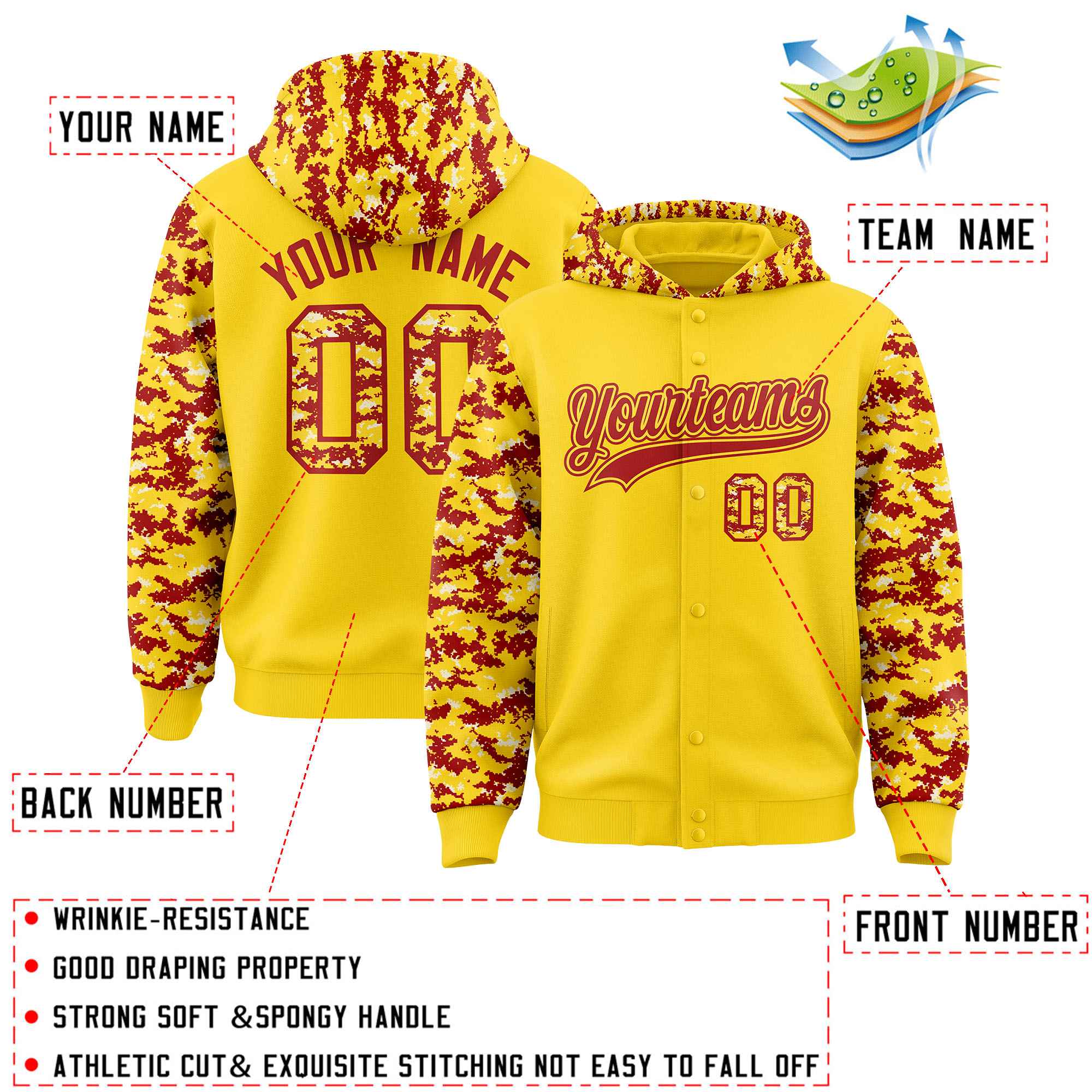 Custom Gold Red-Cream Raglan Sleeves Varsity Full-Snap Letterman Camo Jacket Hoodie| KXKSHOP