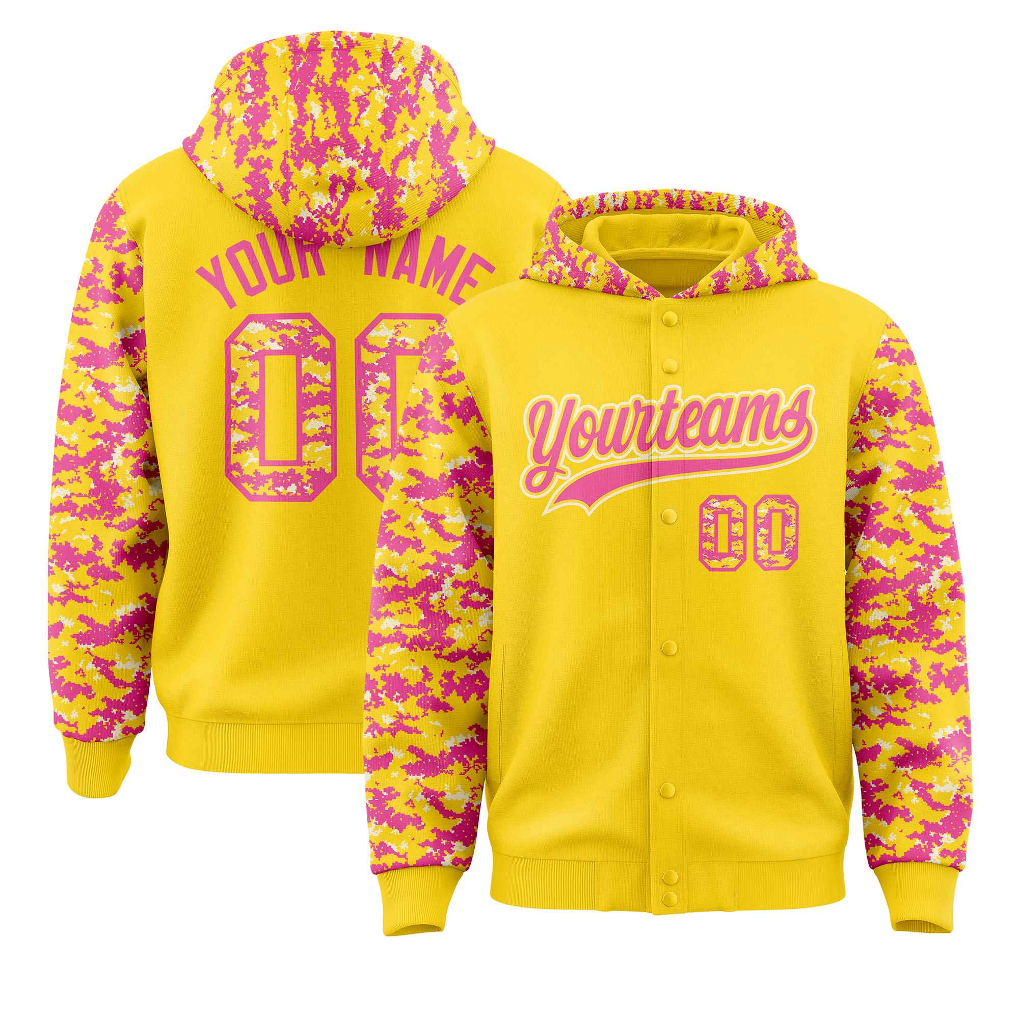Custom Gold Pink-Cream Raglan Sleeves Varsity Full-Snap Letterman Camo Jacket Hoodie| KXKSHOP