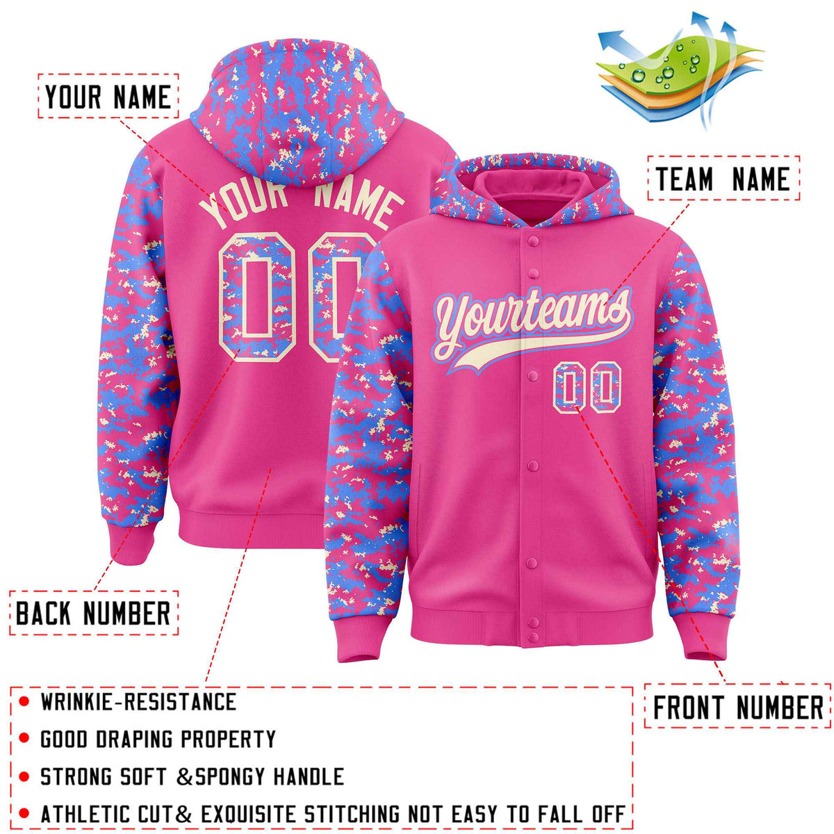 Custom Pink Powder Blue-Cream Raglan Sleeves Varsity Full-Snap Letterman Camo Jacket Hoodie| KXKSHOP