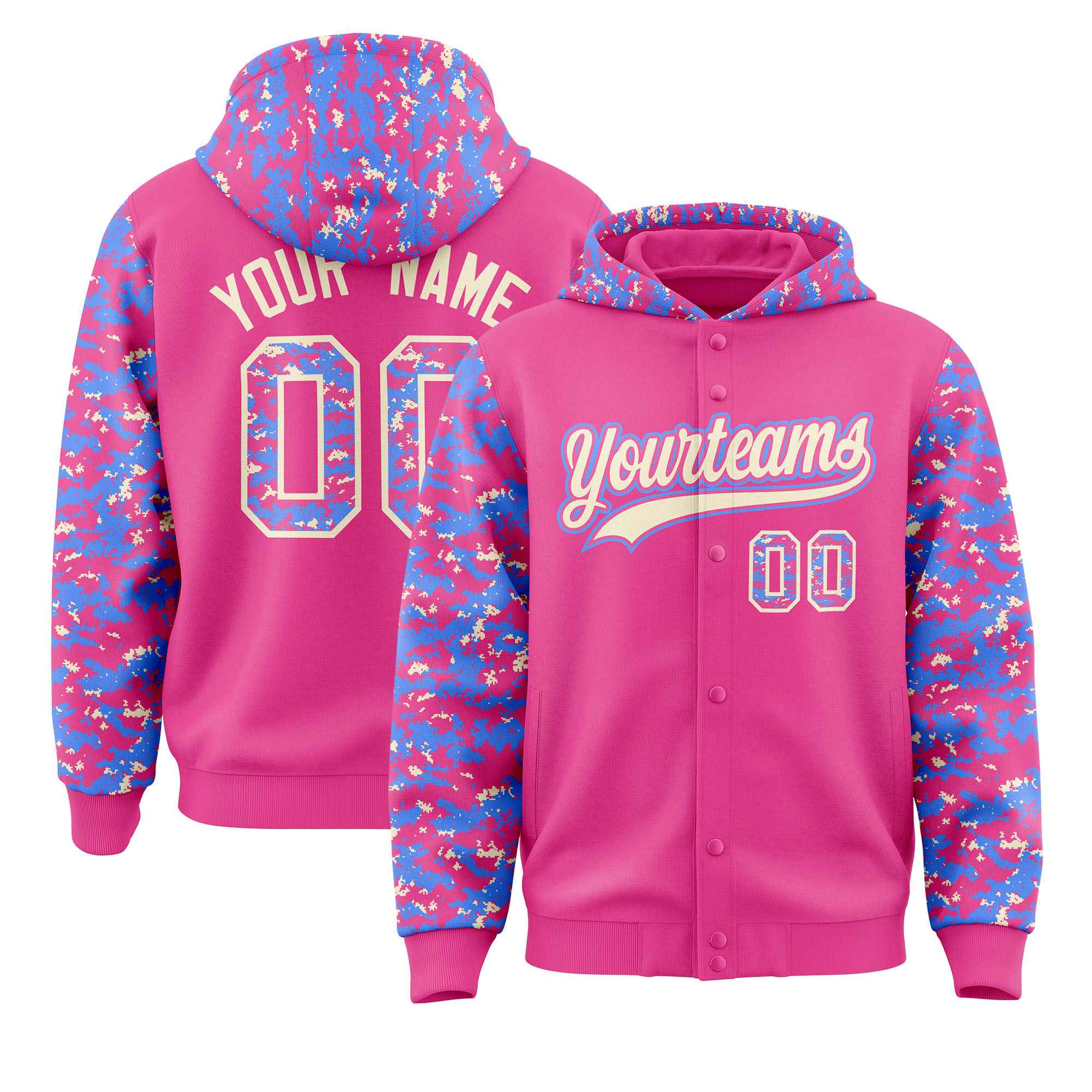Custom Pink Powder Blue-Cream Raglan Sleeves Varsity Full-Snap Letterman Camo Jacket Hoodie| KXKSHOP