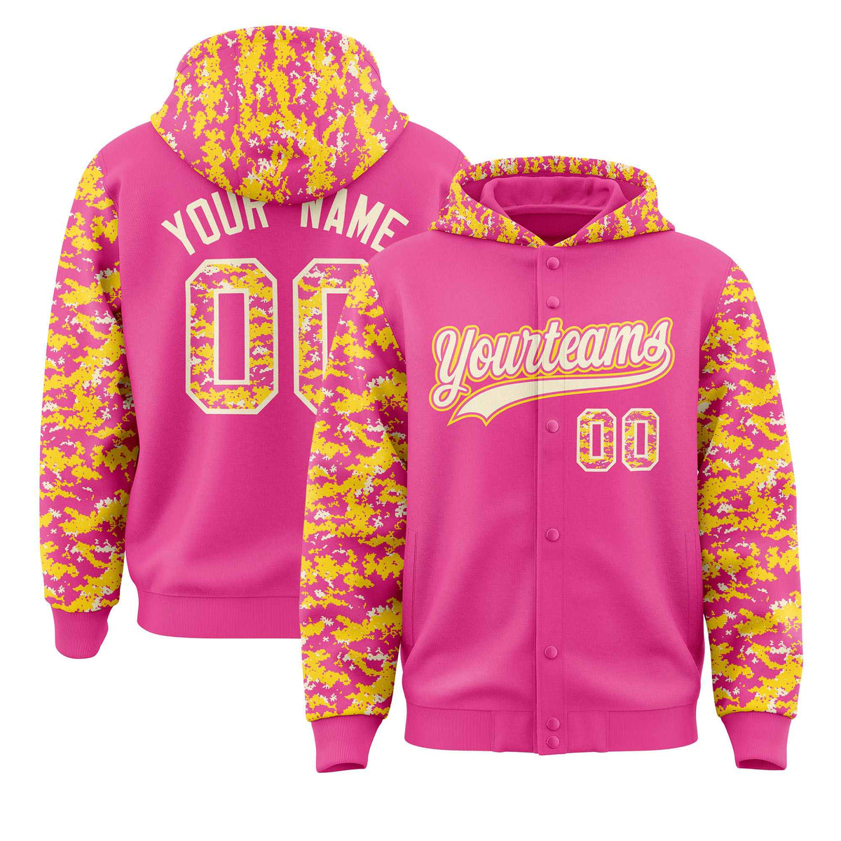 Custom Pink Gold-Cream Raglan Sleeves Varsity Full-Snap Letterman Camo Jacket Hoodie| KXKSHOP