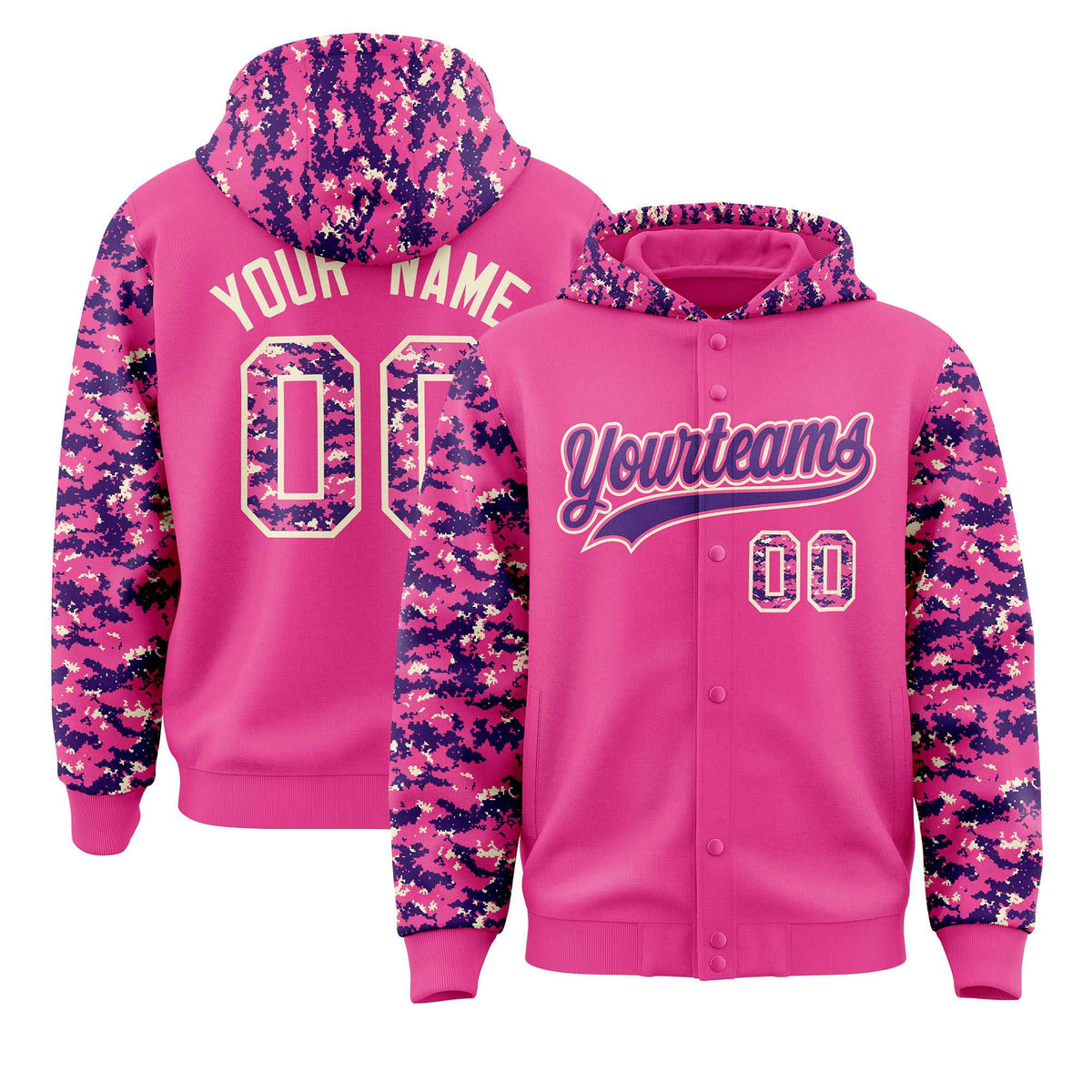 Custom Pink Purple-Cream Raglan Sleeves Varsity Full-Snap Letterman Camo Jacket Hoodie| KXKSHOP