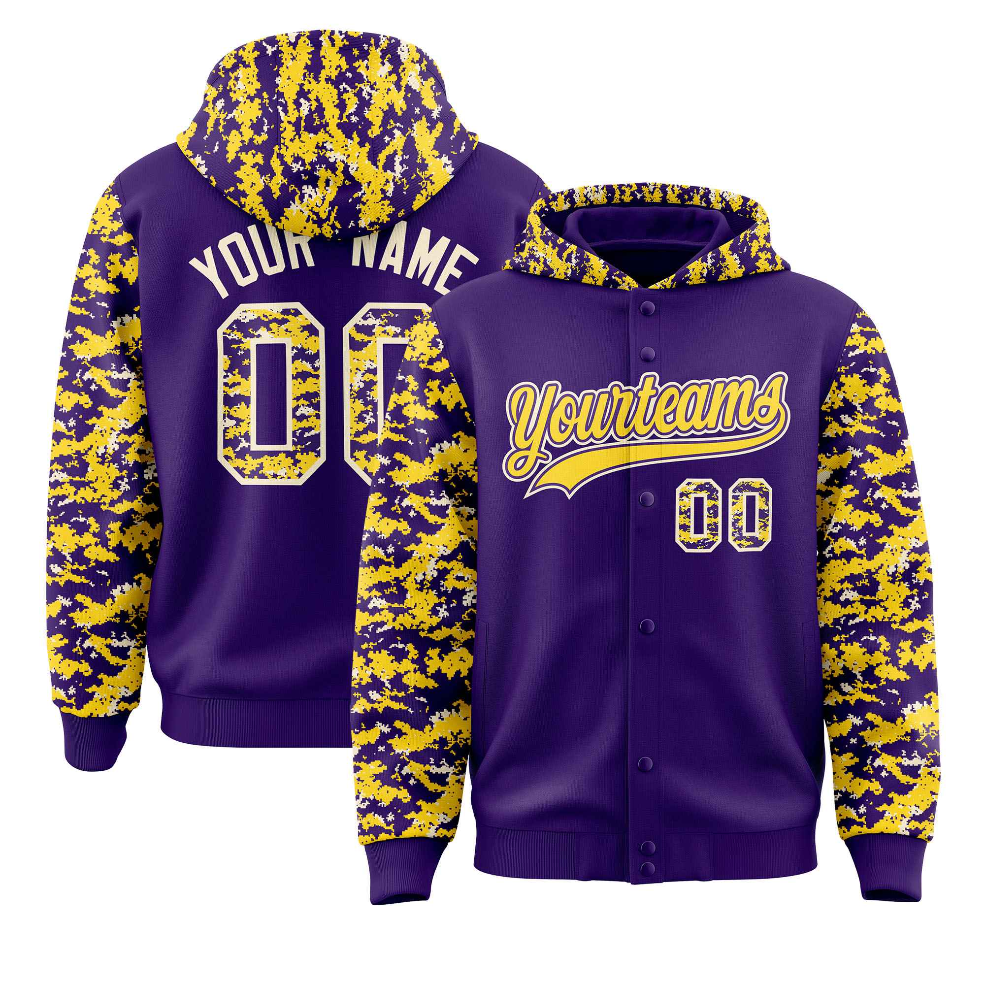 Custom Purple Gold-Cream Raglan Sleeves Varsity Full-Snap Letterman Camo Jacket Hoodie| KXKSHOP