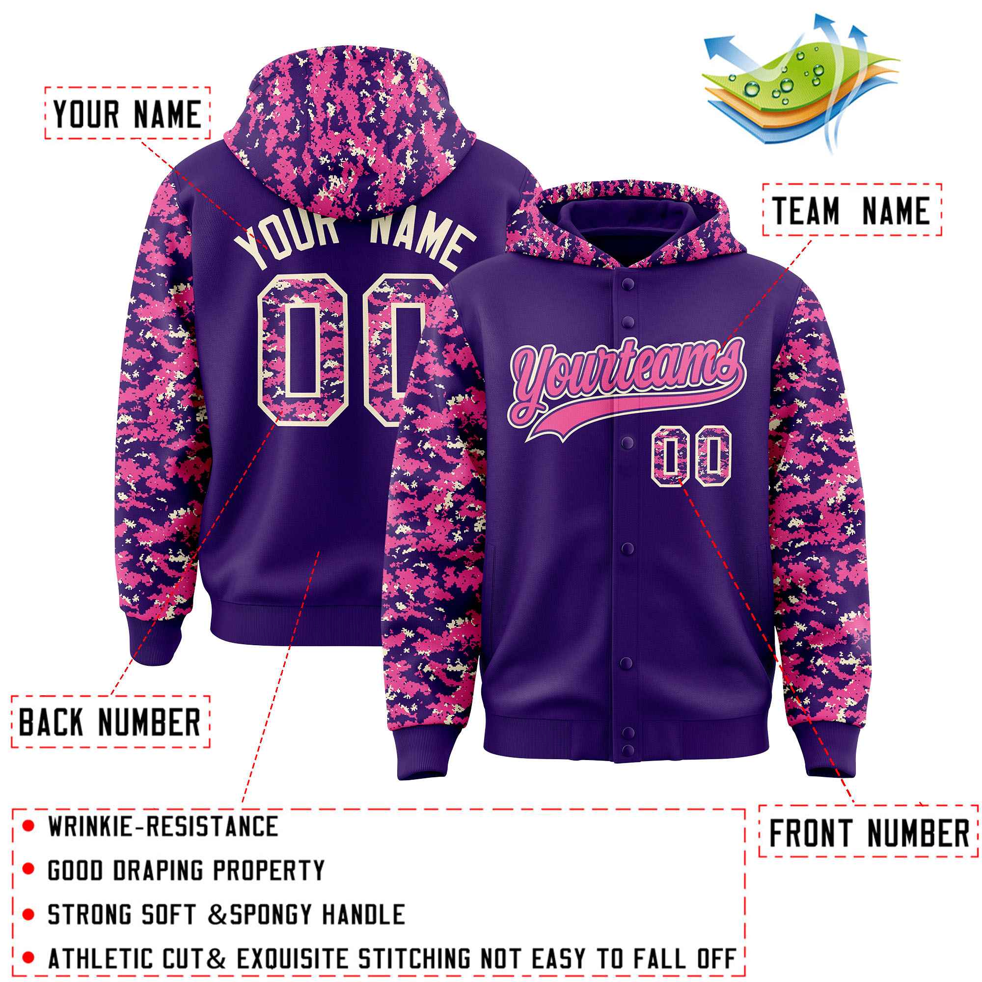 Custom Purple Pink-Cream Raglan Sleeves Varsity Full-Snap Letterman Camo Jacket Hoodie| KXKSHOP