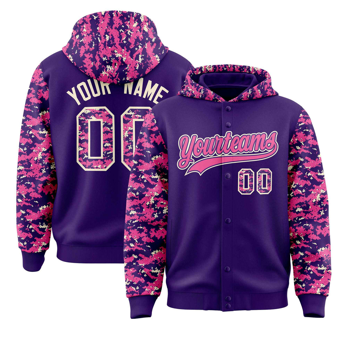 Custom Purple Pink-Cream Raglan Sleeves Varsity Full-Snap Letterman Camo Jacket Hoodie| KXKSHOP