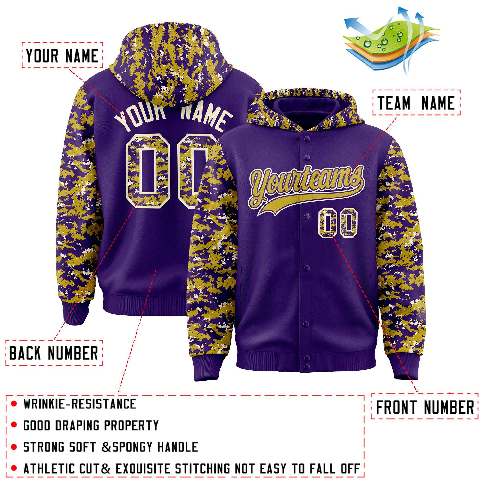 Custom Purple Old Gold-Cream Raglan Sleeves Varsity Full-Snap Letterman Camo Jacket Hoodie| KXKSHOP