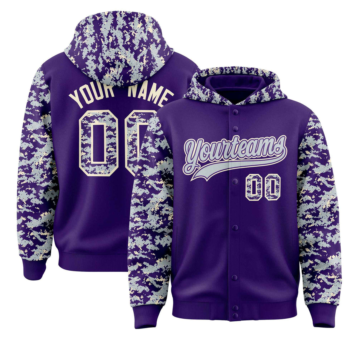 Custom Purple Silver-Cream Raglan Sleeves Varsity Full-Snap Letterman Camo Jacket Hoodie| KXKSHOP