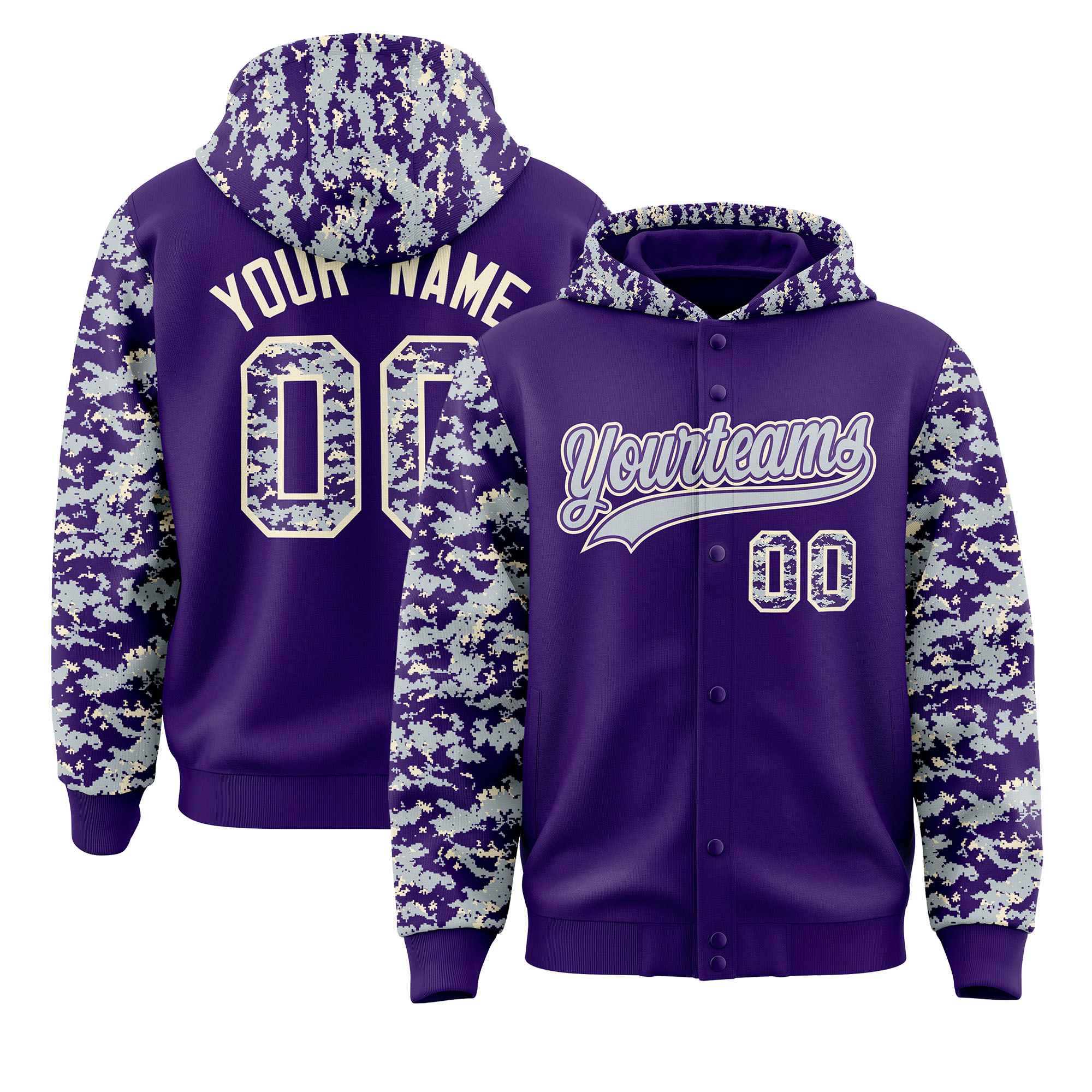 Custom Purple Silver-Cream Raglan Sleeves Varsity Full-Snap Letterman Camo Jacket Hoodie| KXKSHOP