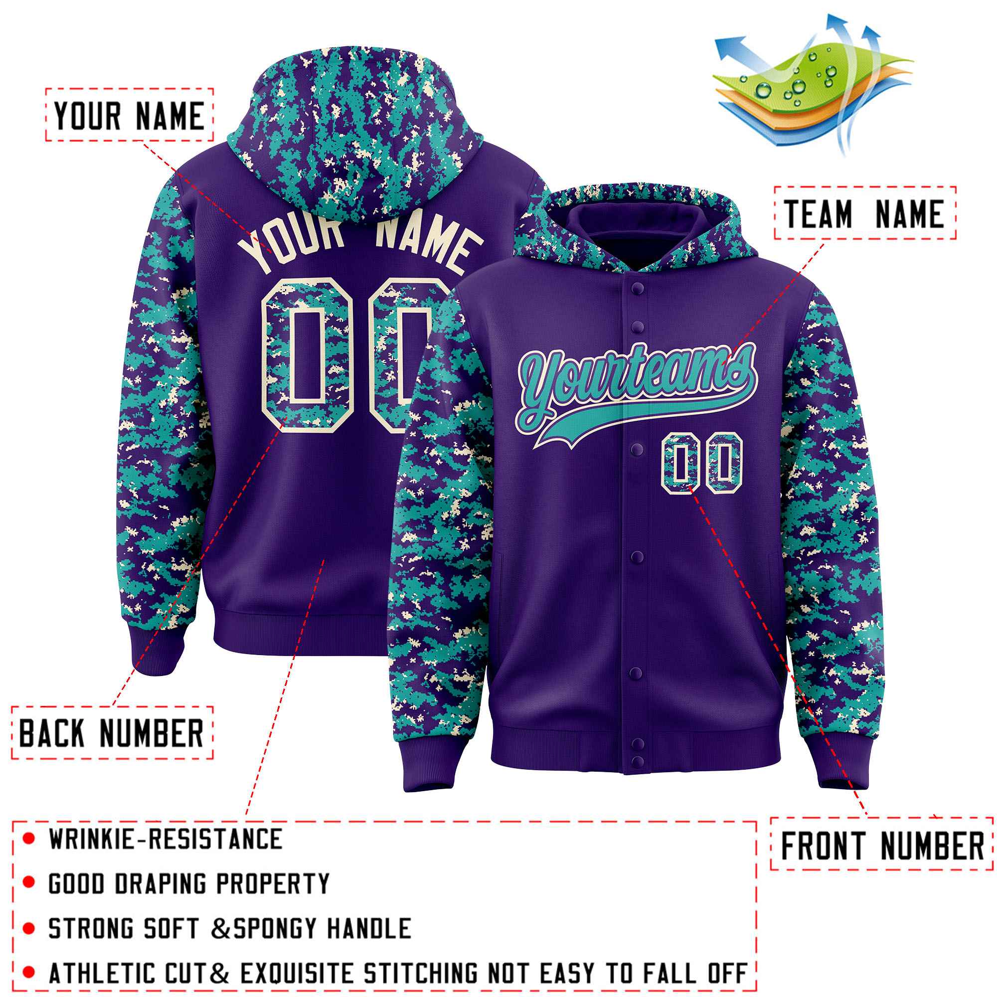 Custom Purple Aqua-Cream Raglan Sleeves Varsity Full-Snap Letterman Camo Jacket Hoodie| KXKSHOP
