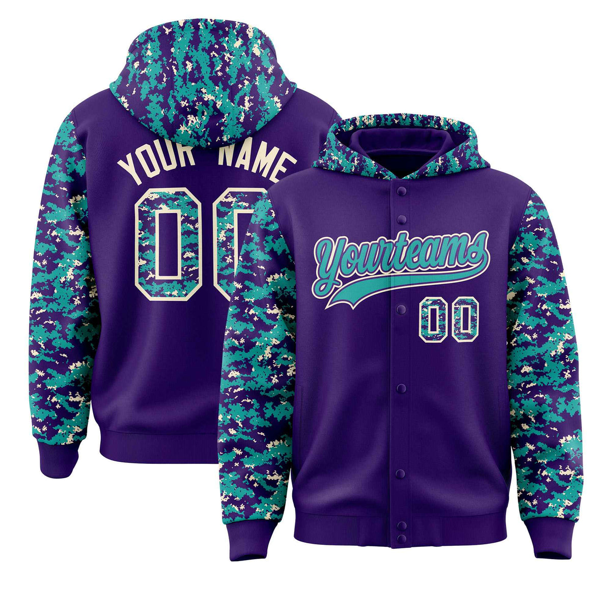 Custom Purple Aqua-Cream Raglan Sleeves Varsity Full-Snap Letterman Camo Jacket Hoodie| KXKSHOP