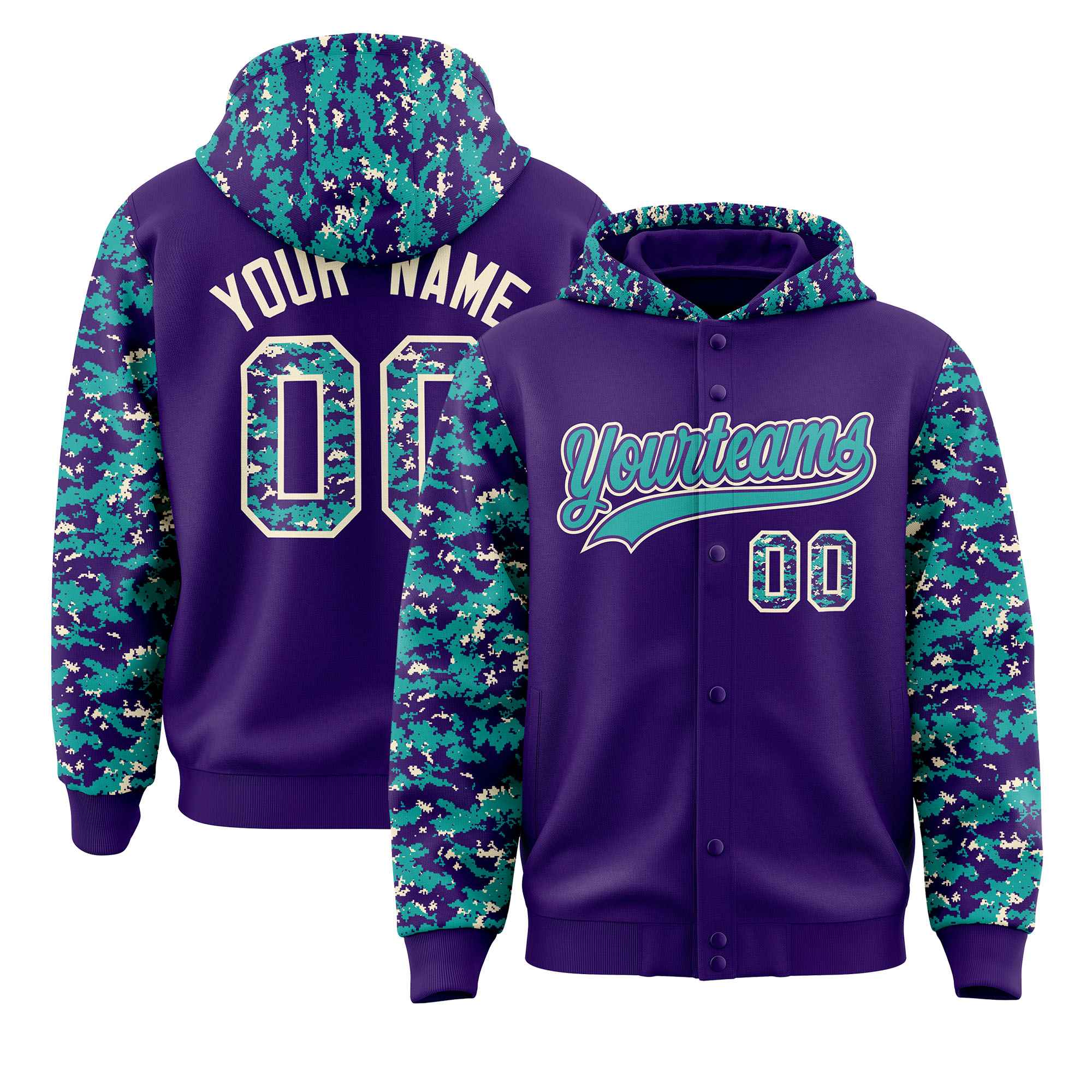 Custom Purple Aqua-Cream Raglan Sleeves Varsity Full-Snap Letterman Camo Jacket Hoodie| KXKSHOP