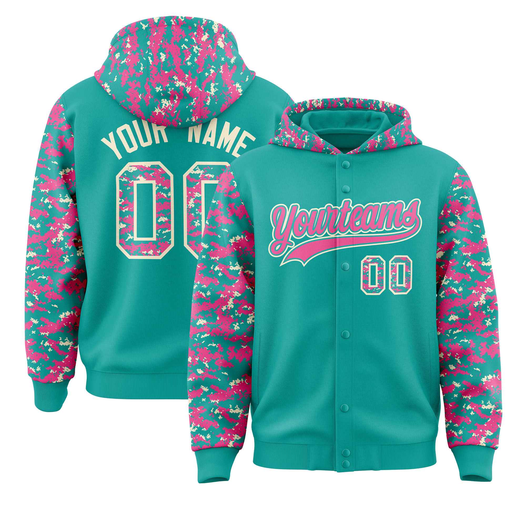 Custom Aqua Pink-Cream Raglan Sleeves Varsity Full-Snap Letterman Camo Jacket Hoodie| KXKSHOP