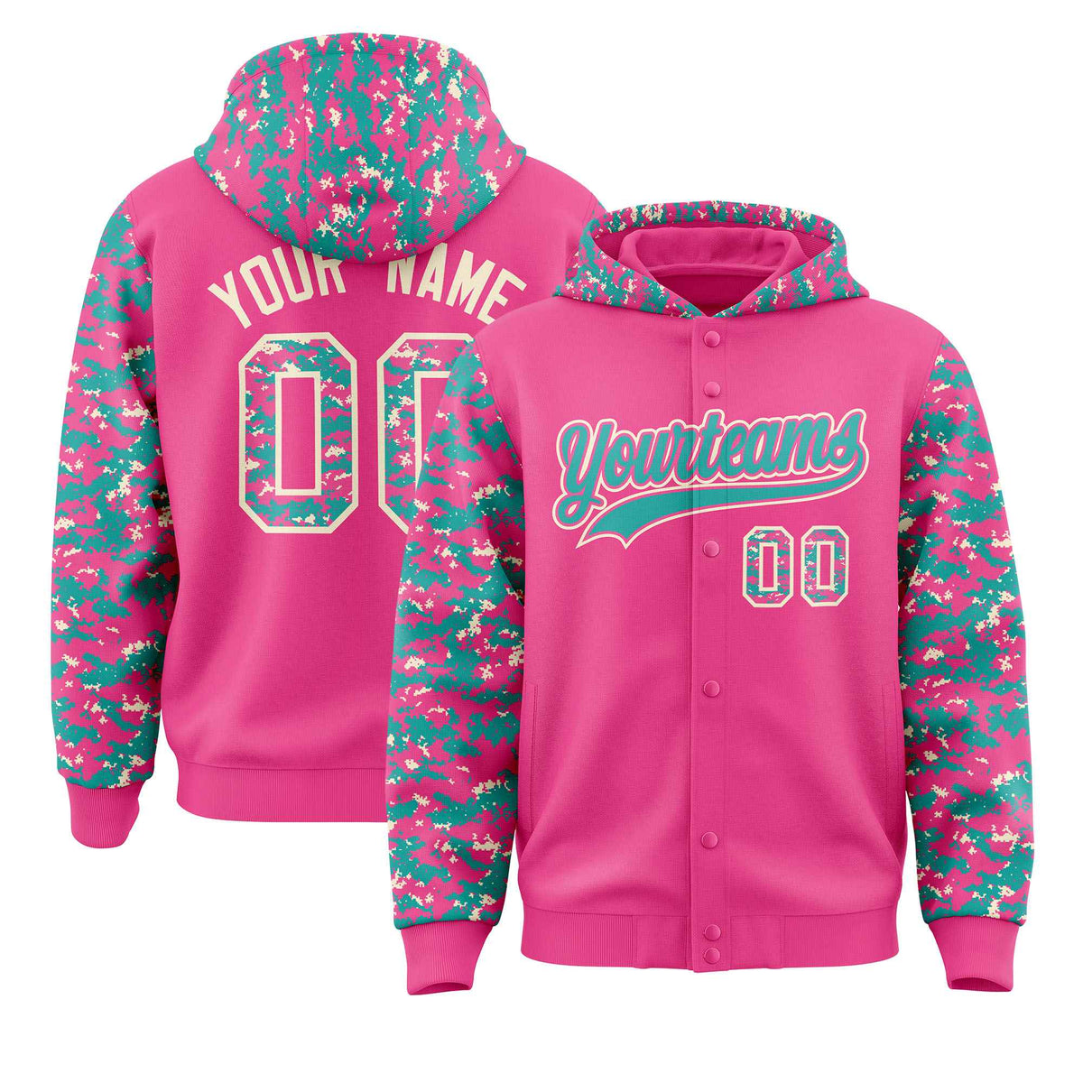 Custom Pink Aqua-Cream Raglan Sleeves Varsity Full-Snap Letterman Camo Jacket Hoodie| KXKSHOP