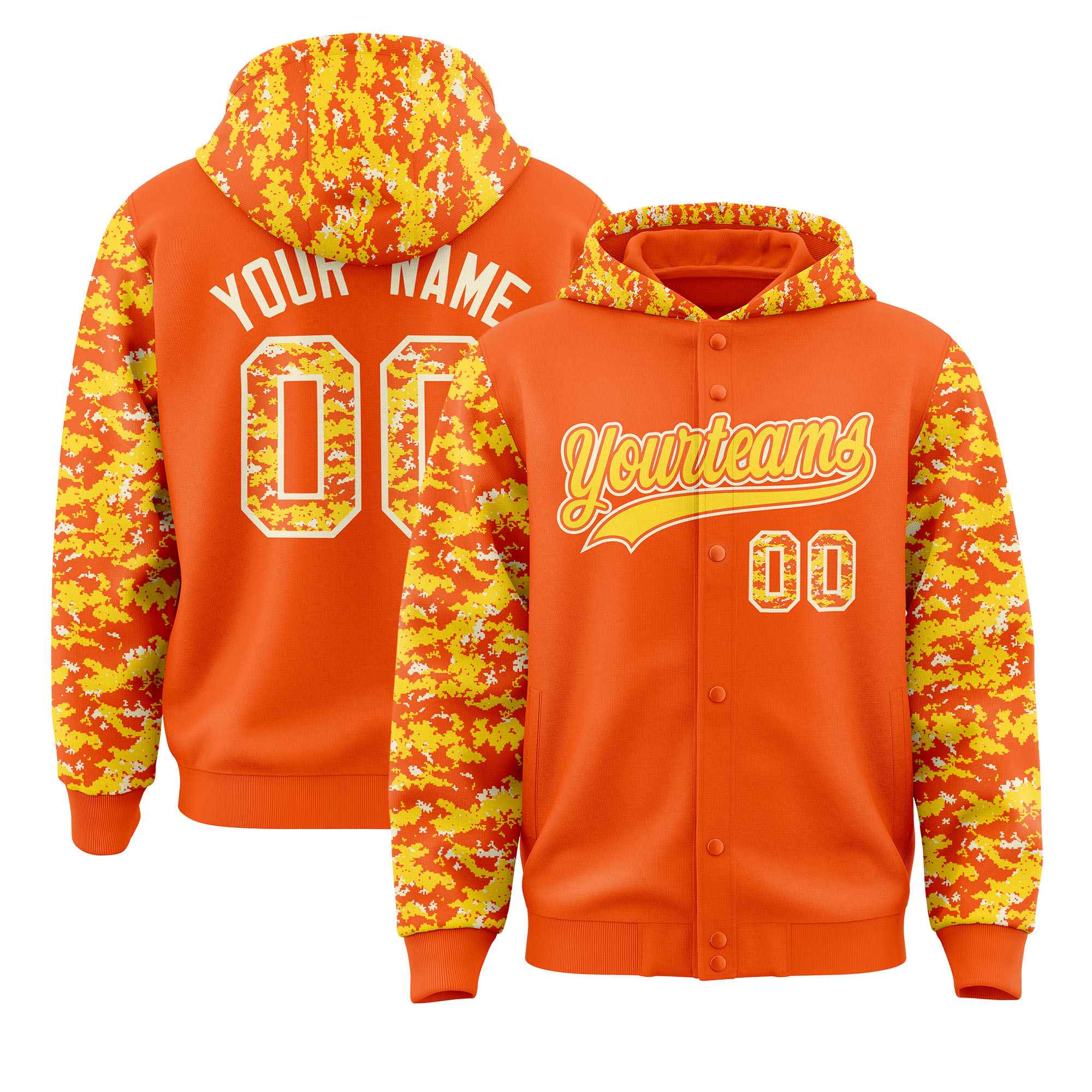 Custom Orange Gold-Cream Raglan Sleeves Varsity Full-Snap Letterman Camo Jacket Hoodie| KXKSHOP