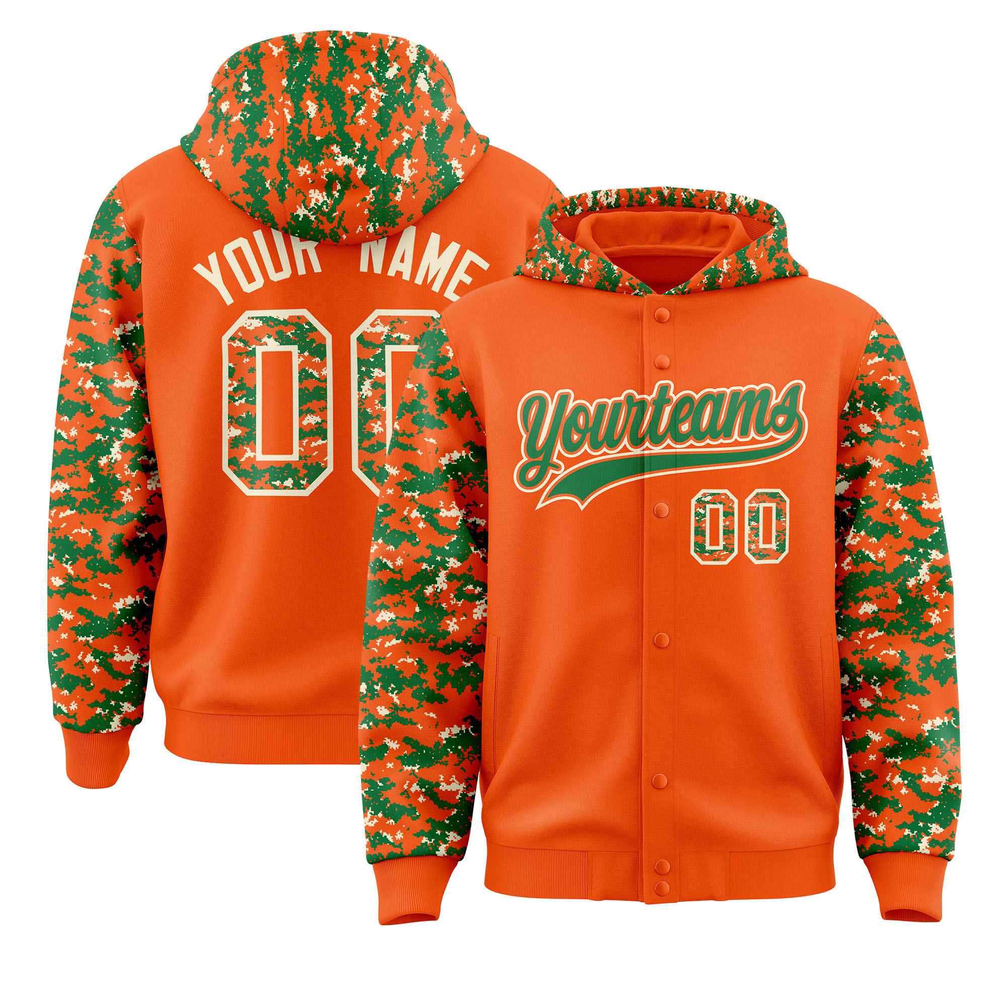 Custom Orange Kelly Green-Cream Raglan Sleeves Varsity Full-Snap Letterman Camo Jacket Hoodie| KXKSHOP