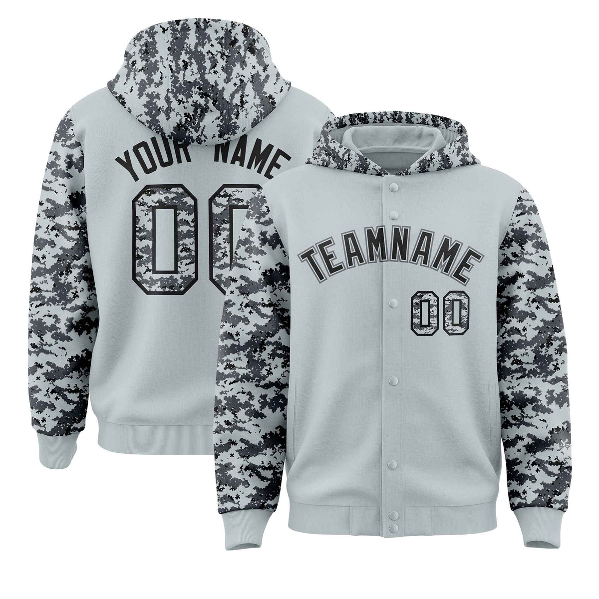 Custom Silver Gray-Black Raglan Sleeves Varsity Full-Snap Letterman Camo Jacket Hoodie| KXKSHOP