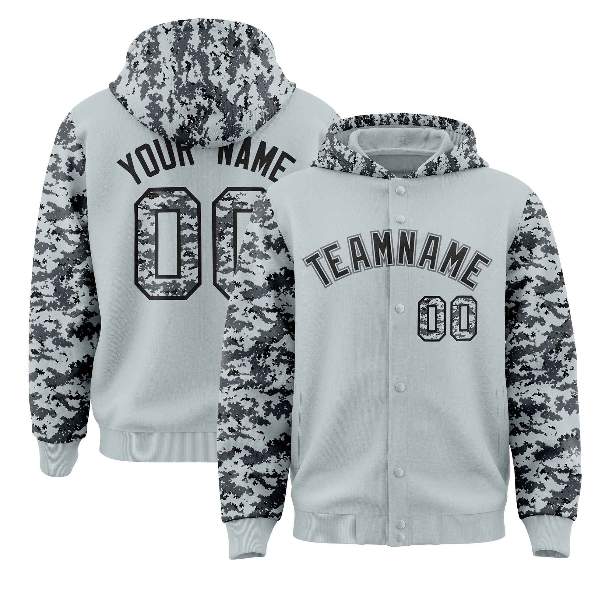 Custom Silver Gray-Black Raglan Sleeves Varsity Full-Snap Letterman Camo Jacket Hoodie| KXKSHOP
