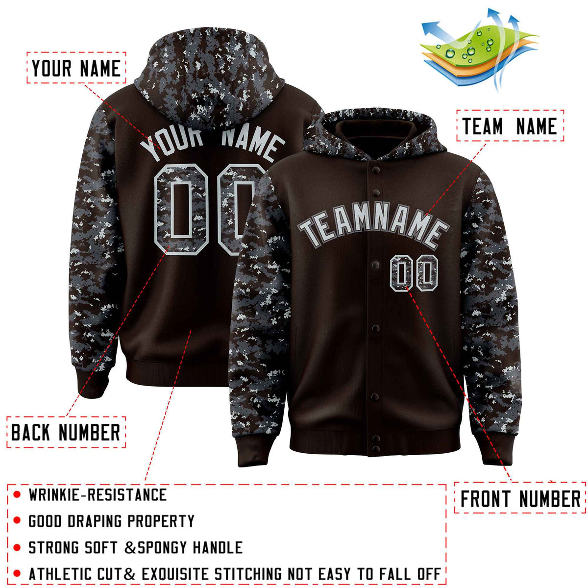 Custom Brown Gray-Silver Raglan Sleeves Varsity Full-Snap Letterman Camo Jacket Hoodie| KXKSHOP