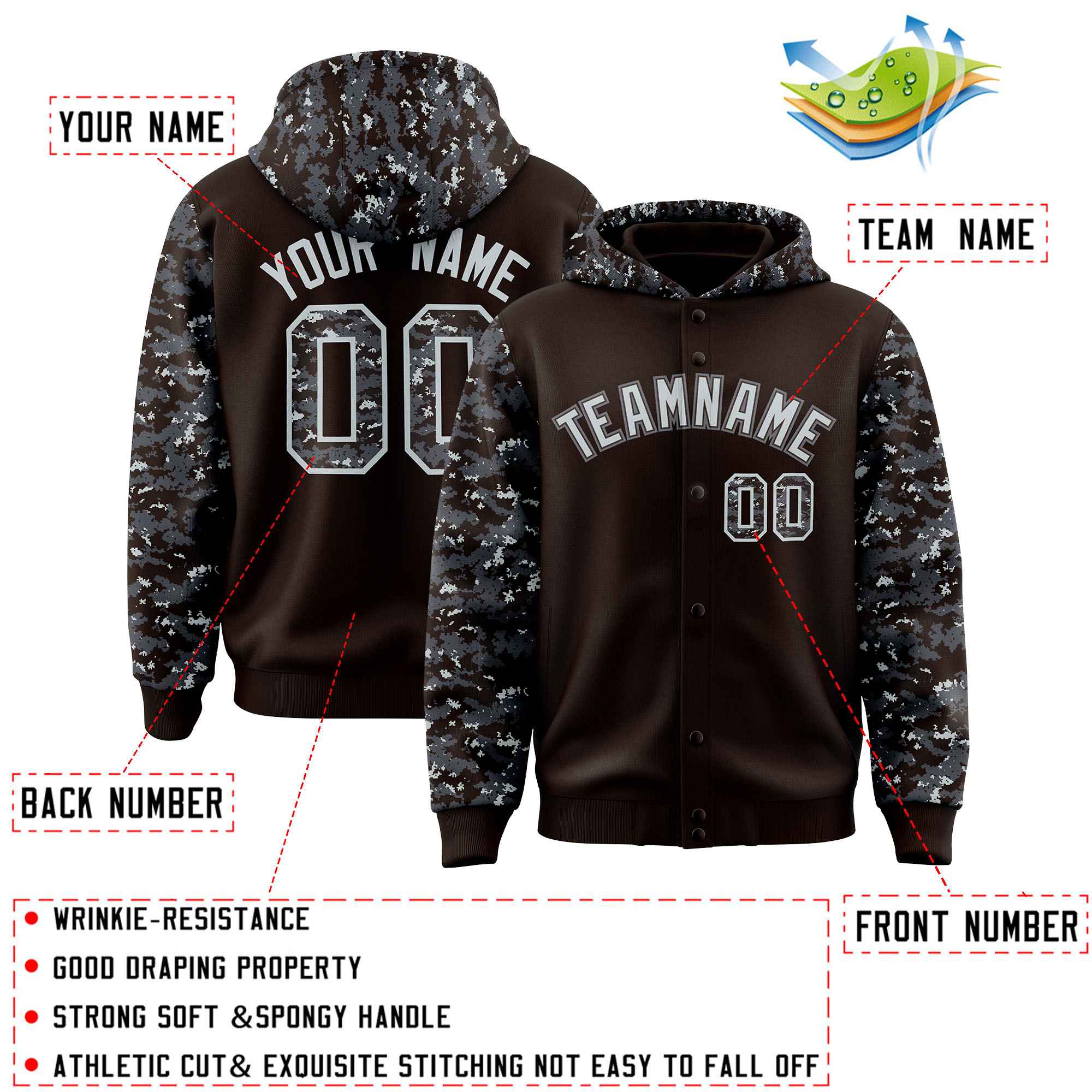Custom Brown Gray-Silver Raglan Sleeves Varsity Full-Snap Letterman Camo Jacket Hoodie| KXKSHOP