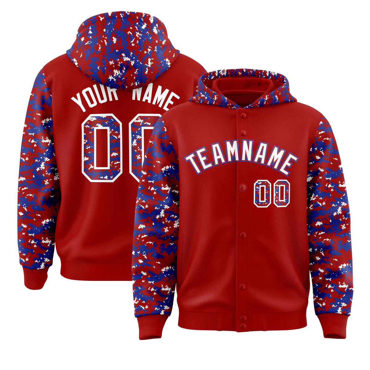 Custom Red Royal-White Raglan Sleeves Varsity Full-Snap Letterman Camo Jacket Hoodie| KXKSHOP