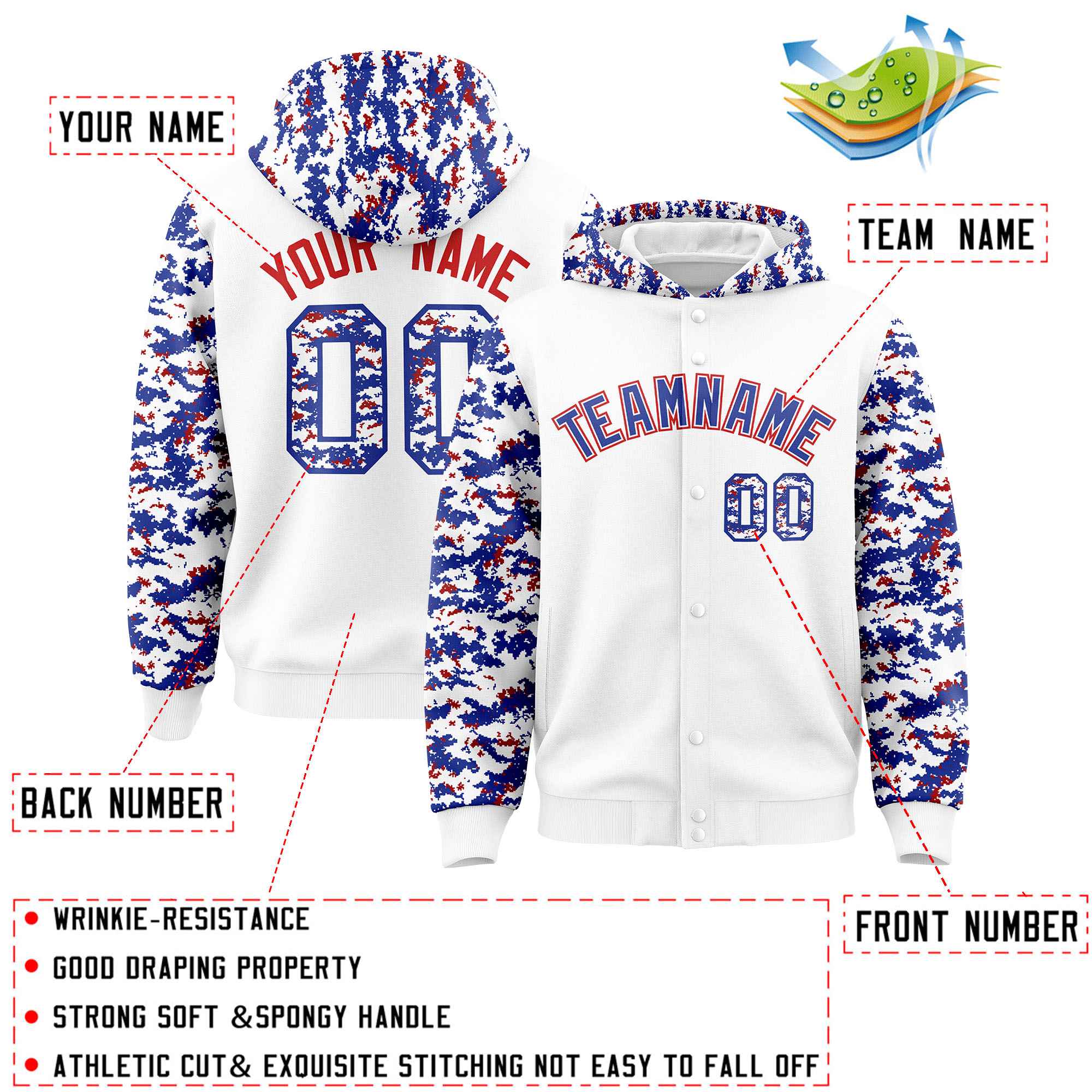 Custom White Royal-Red Raglan Sleeves Varsity Full-Snap Letterman Camo Jacket Hoodie| KXKSHOP