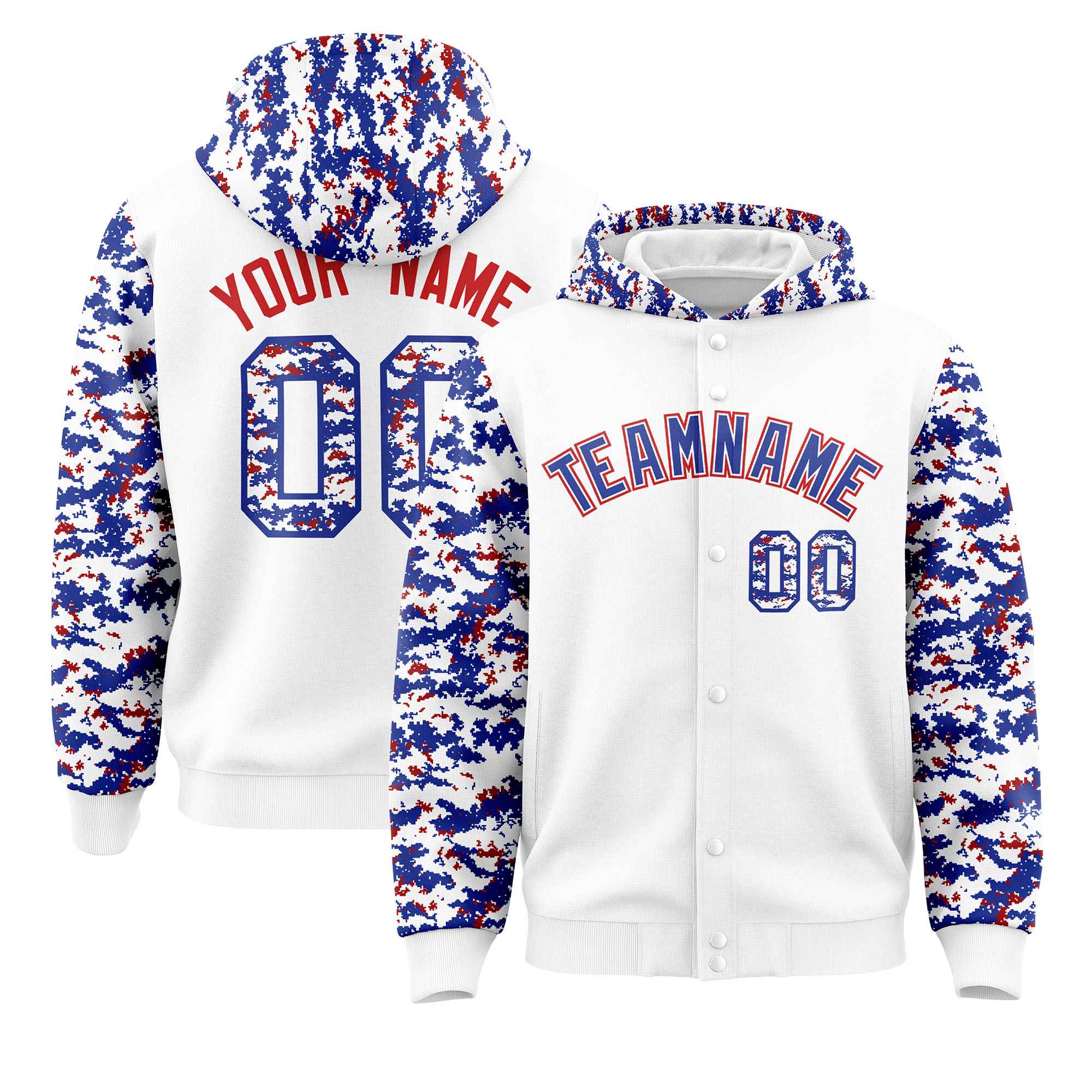 Custom White Royal-Red Raglan Sleeves Varsity Full-Snap Letterman Camo Jacket Hoodie| KXKSHOP
