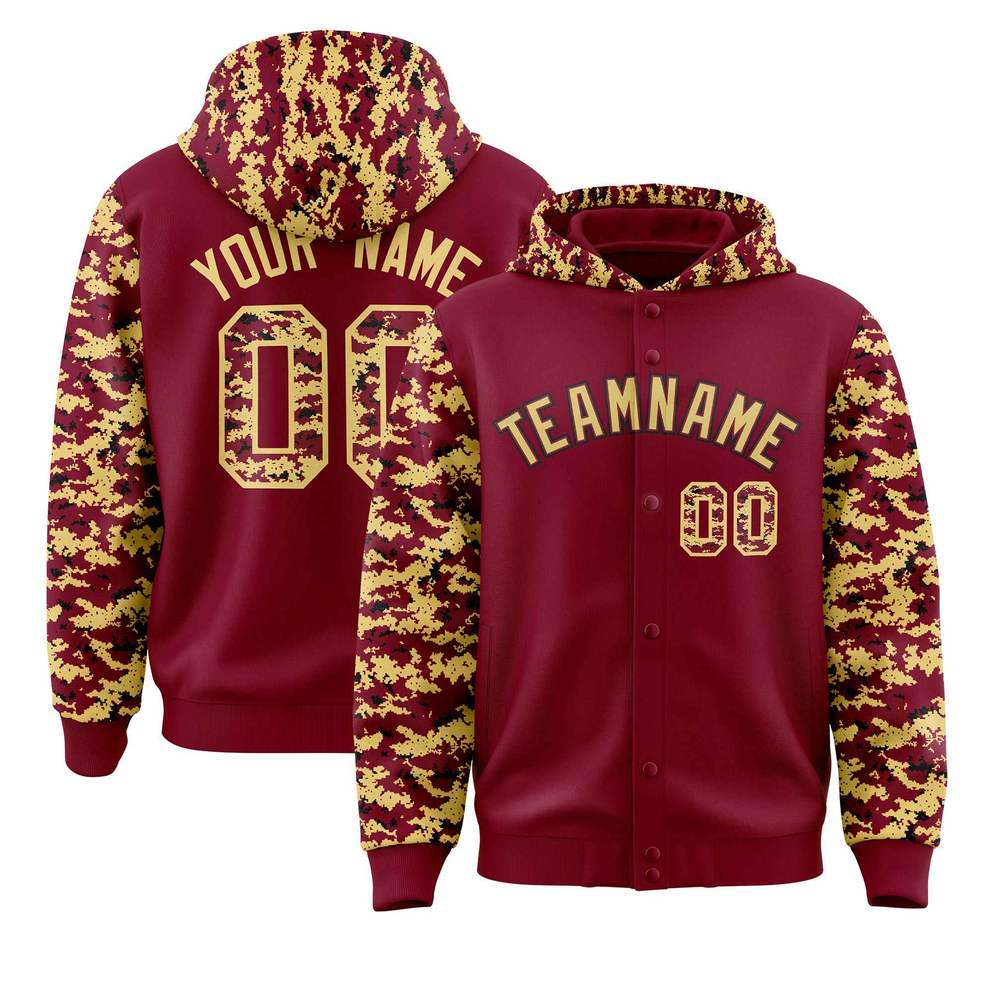 Custom Crimson Khaki-Black Raglan Sleeves Varsity Full-Snap Letterman Camo Jacket Hoodie| KXKSHOP